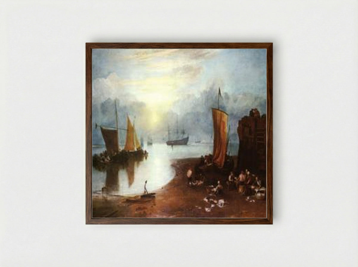 Sun Rising through Vapour: Fishermen Cleaning and Selling Fish - J.M.W. Turner - Framed Print Dark Wood
