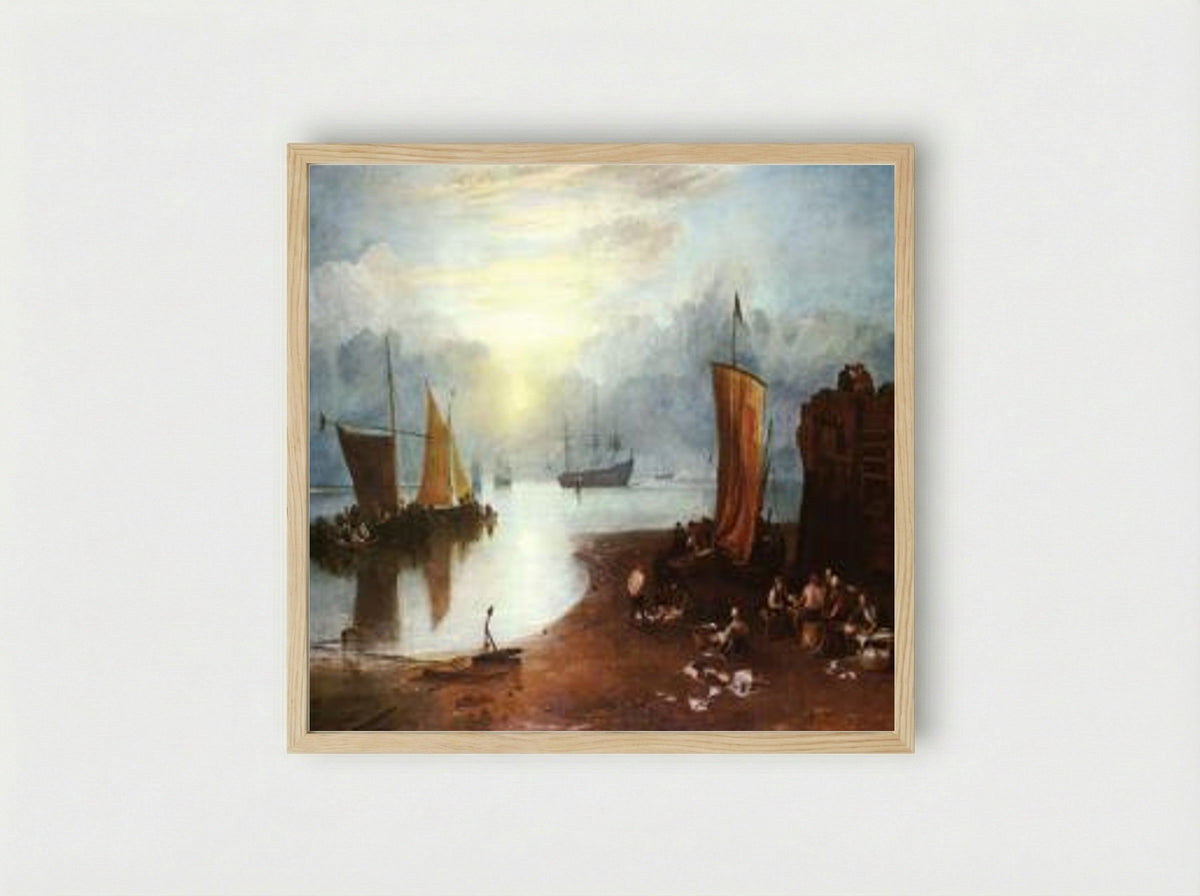 Sun Rising through Vapour: Fishermen Cleaning and Selling Fish - J.M.W. Turner - Framed Print Wood