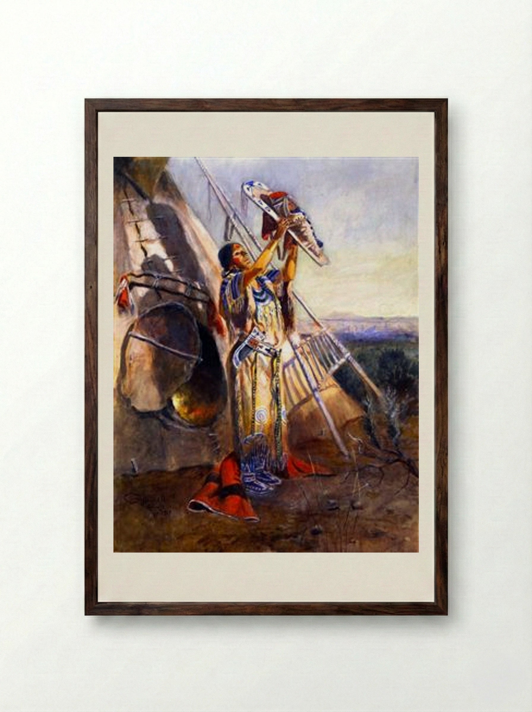 Sun Worship in Montana - Charles M. Russell - Framed Print Dark Wood