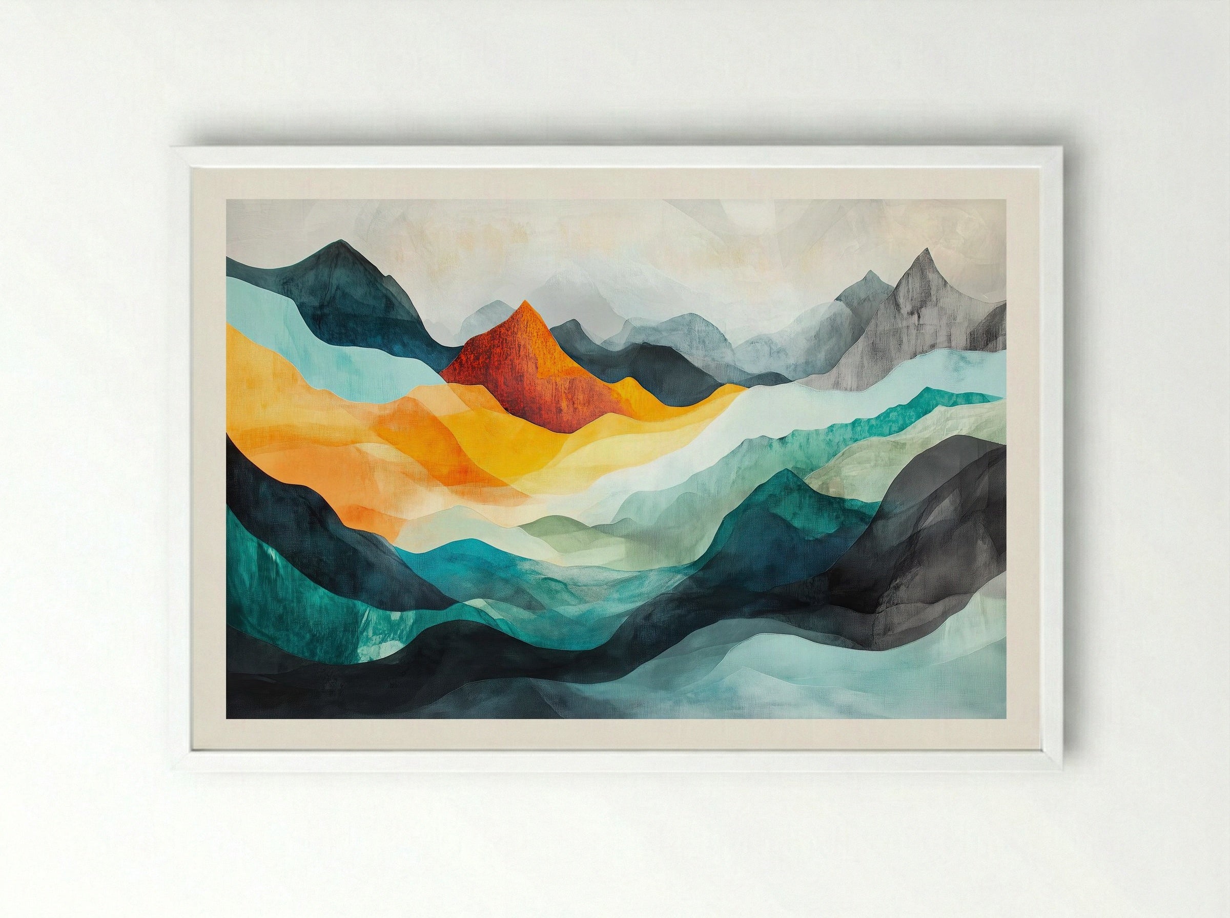 Sunfire Ridge – Abstract Mountain Landscape (Triptych 2 of 3) - Framed Print White