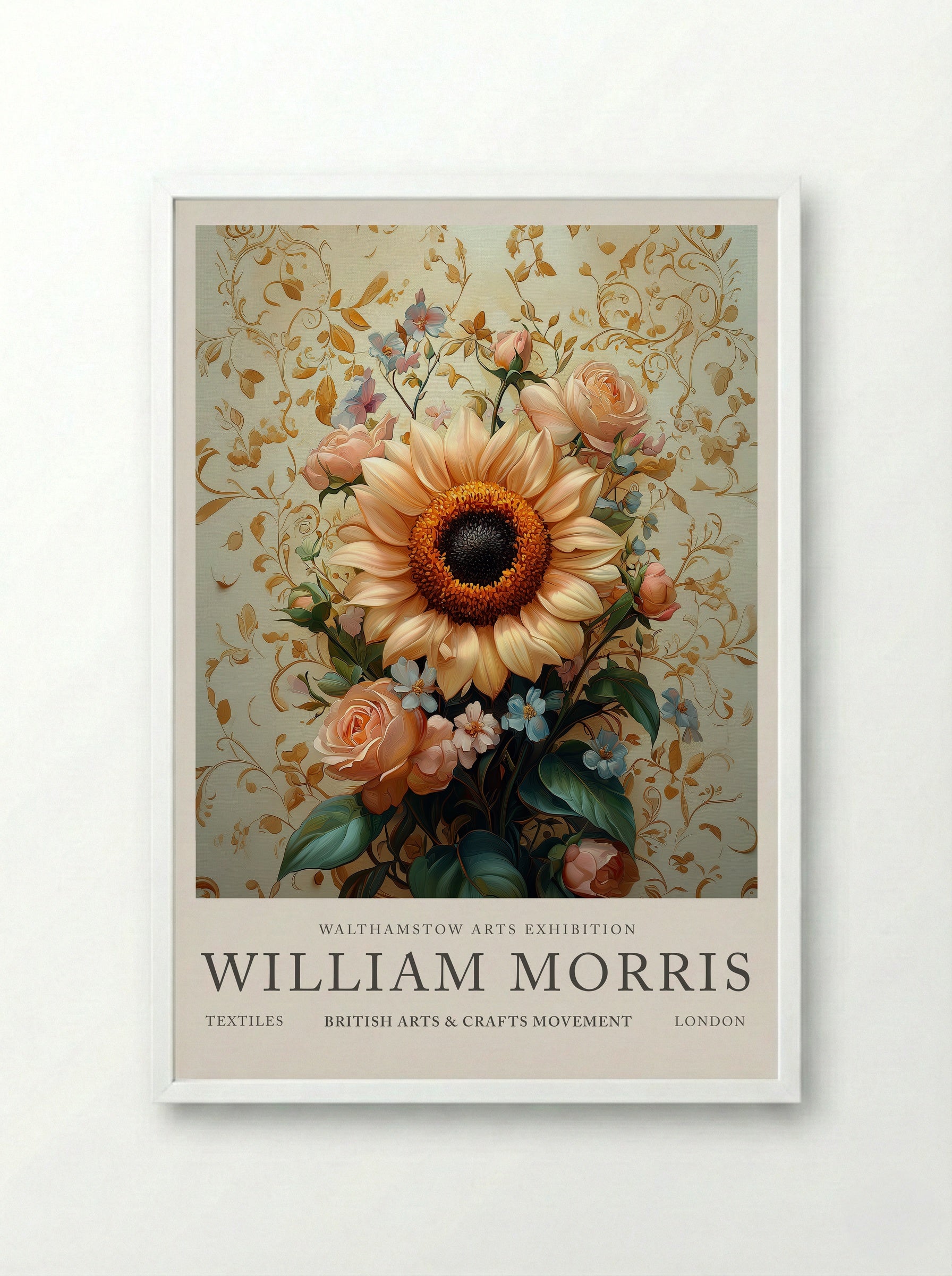 Sunflower Bouquet - William Morris - Framed Print White