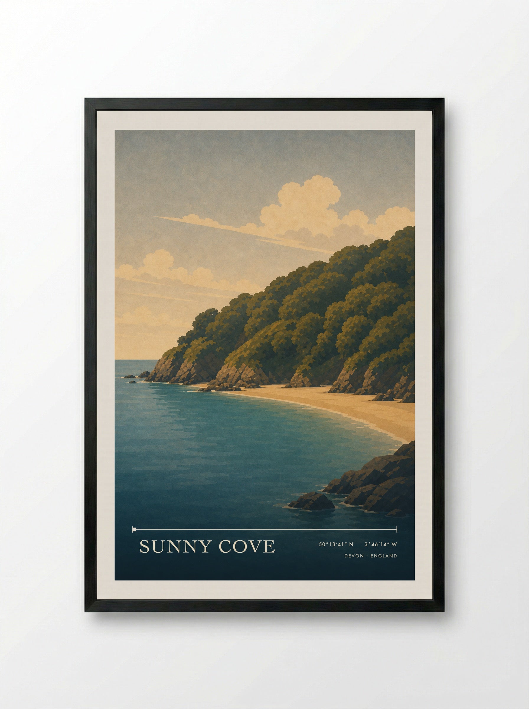 Sunny Cove Devon England Travel Poster - Framed Print Black