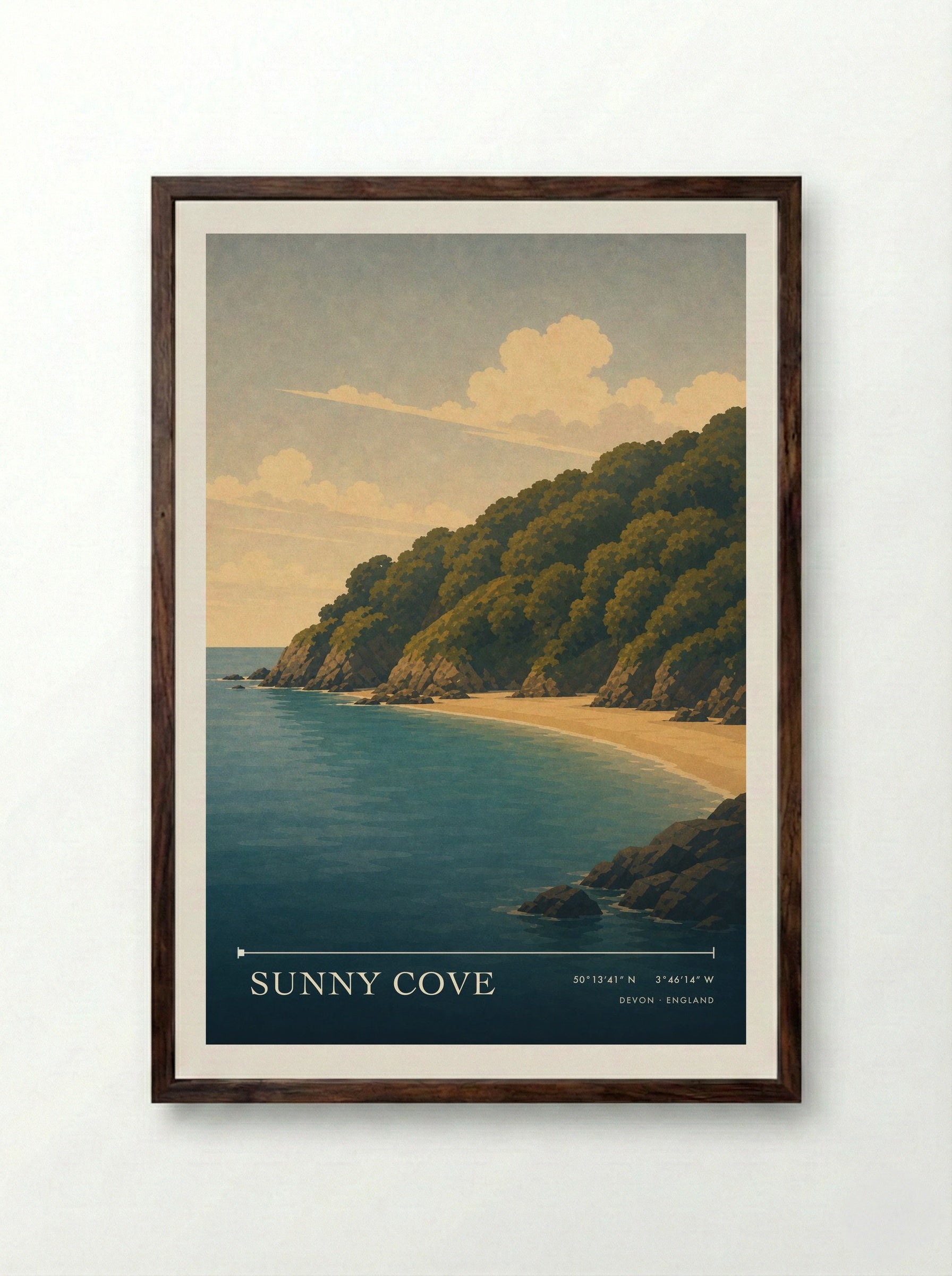 Sunny Cove Devon England Travel Poster - Framed Print Dark Wood