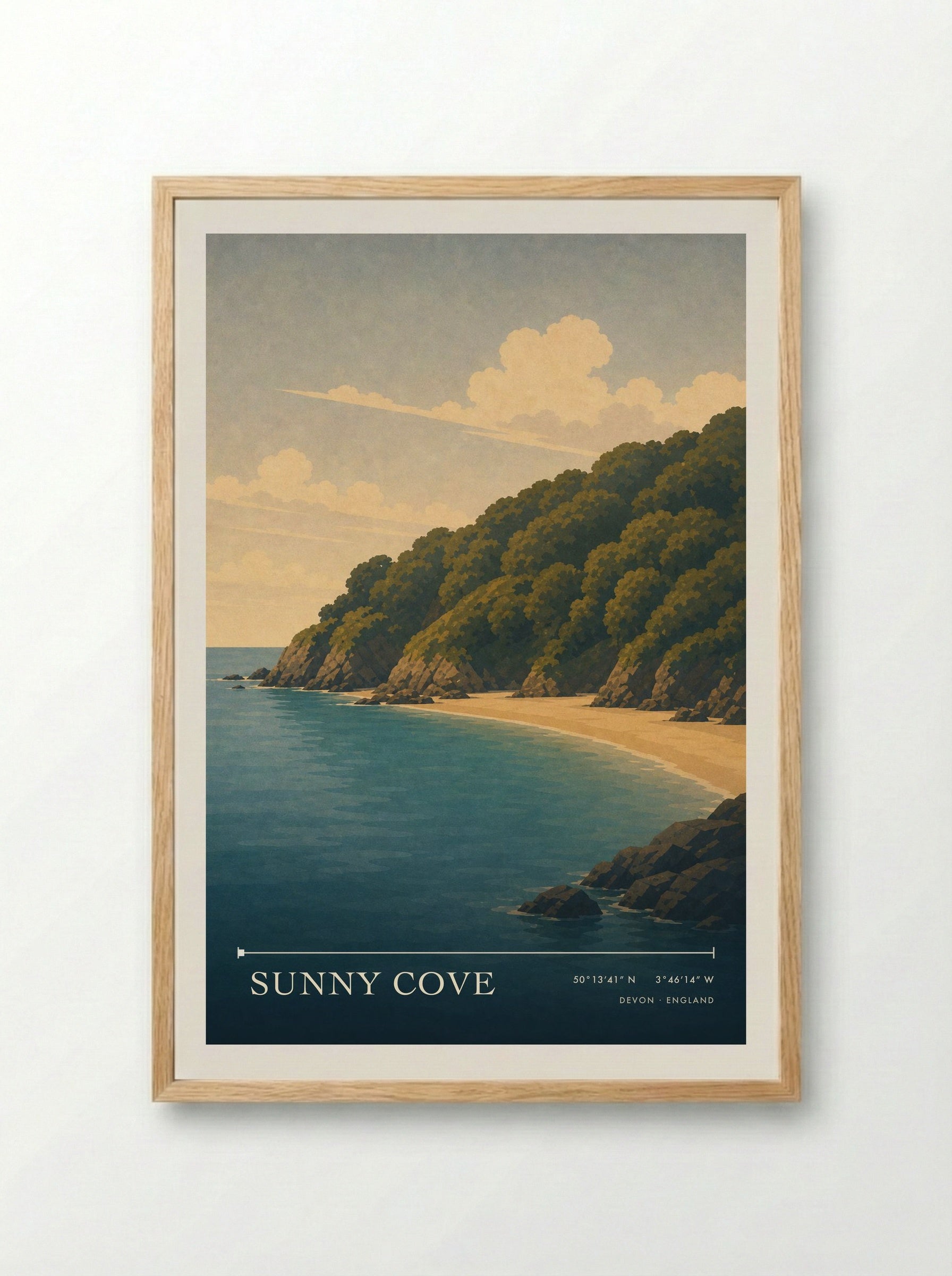 Sunny Cove Devon England Travel Poster - Framed Print Wood