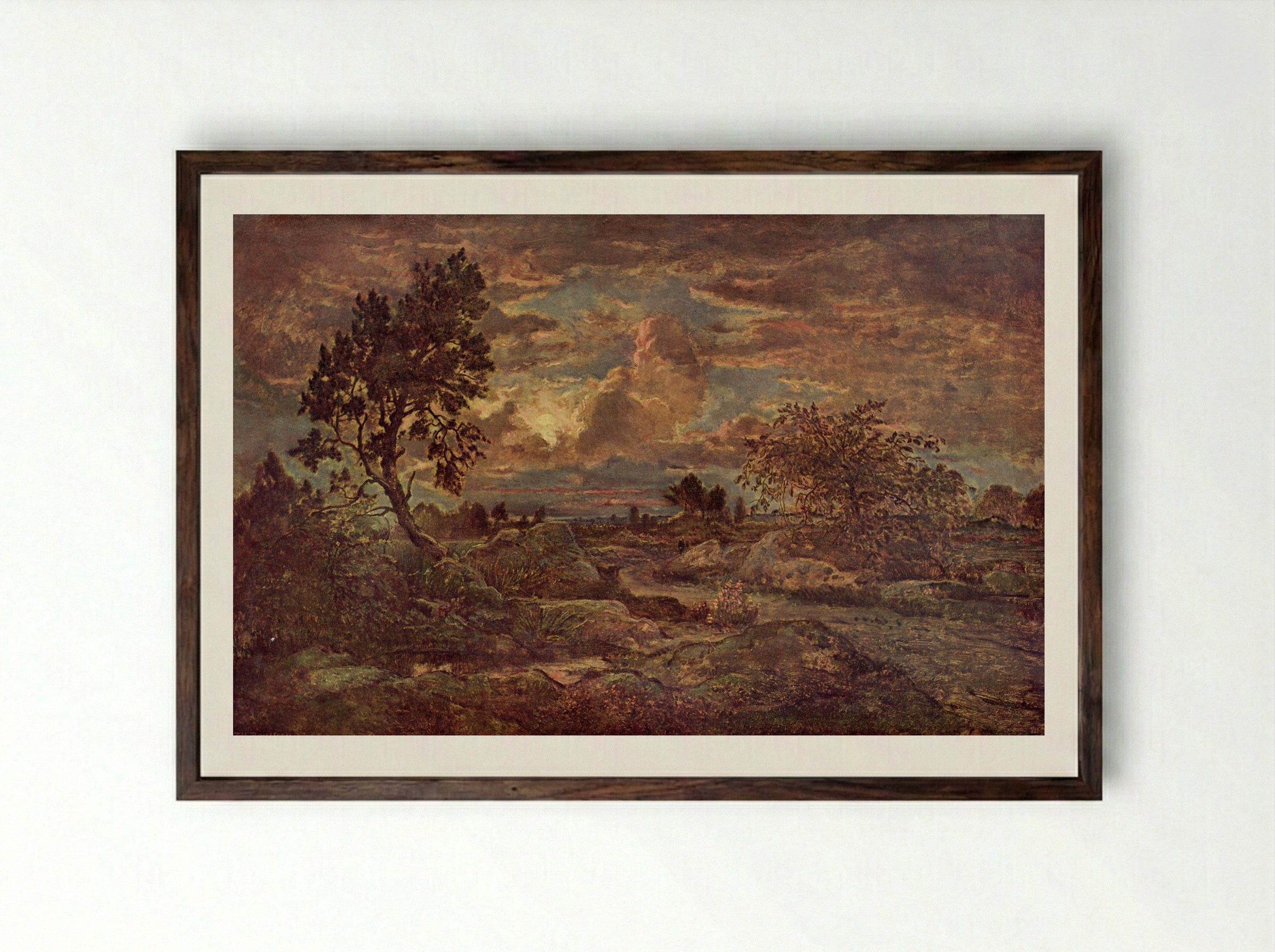 Sunset near Arbonne - Théodore Rousseau - Framed Print Dark Wood