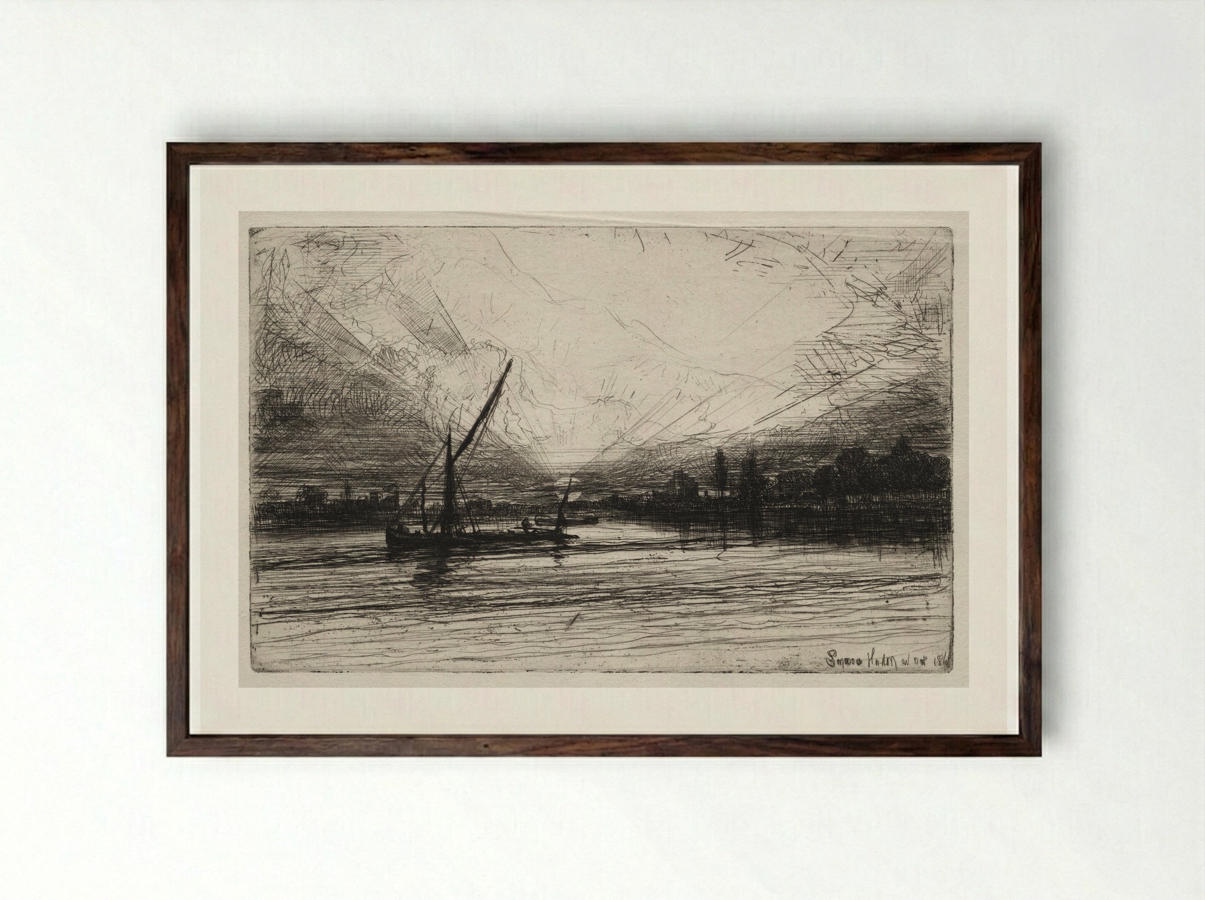 Sunset on the Thames - Francis Seymour Haden - Framed Print Dark Wood