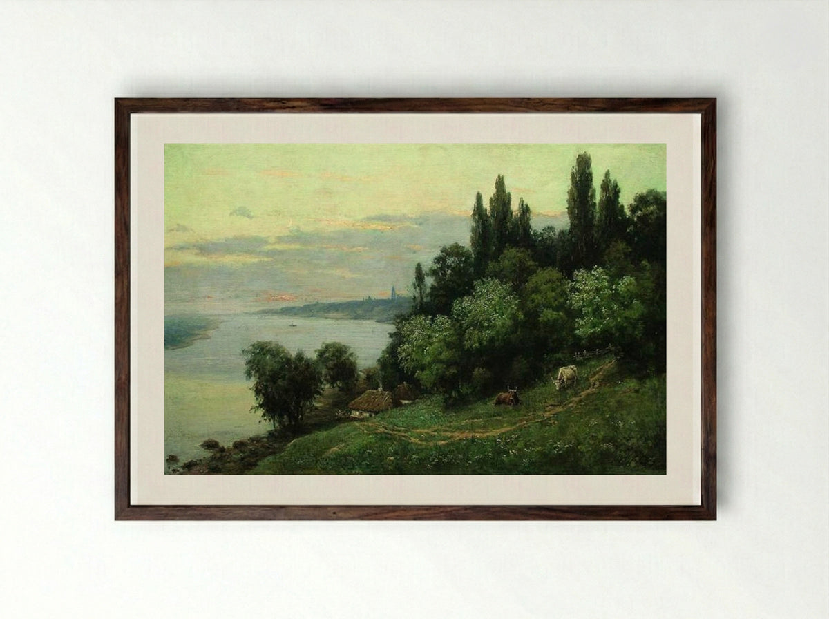 Sunset over the river - Volodymyr Orlovsky - Framed Print Dark Wood