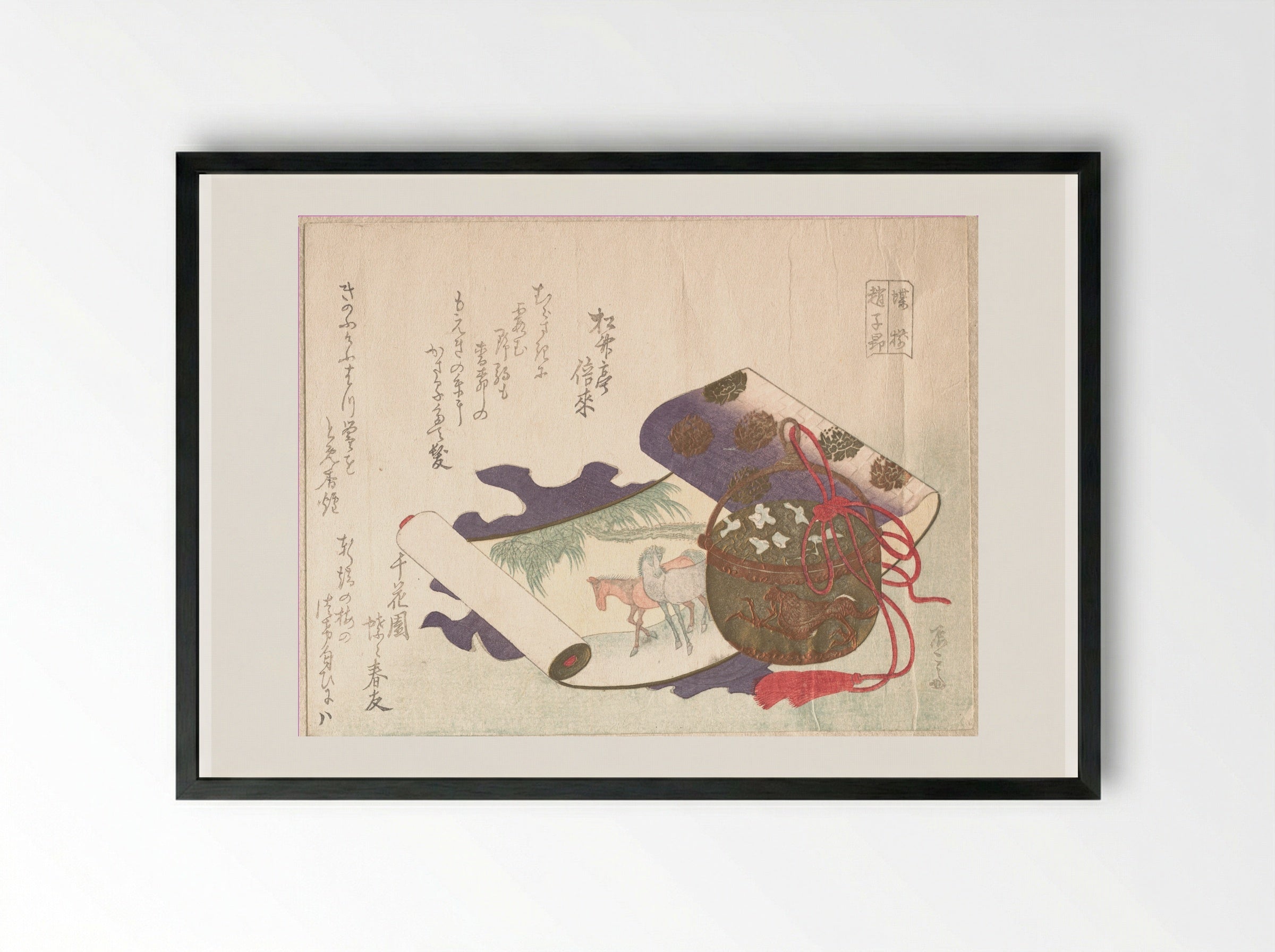 Surimono with Scroll Painting of Horses and Incense Burner - Ryūryūkyo Shinsai - Framed Print Black