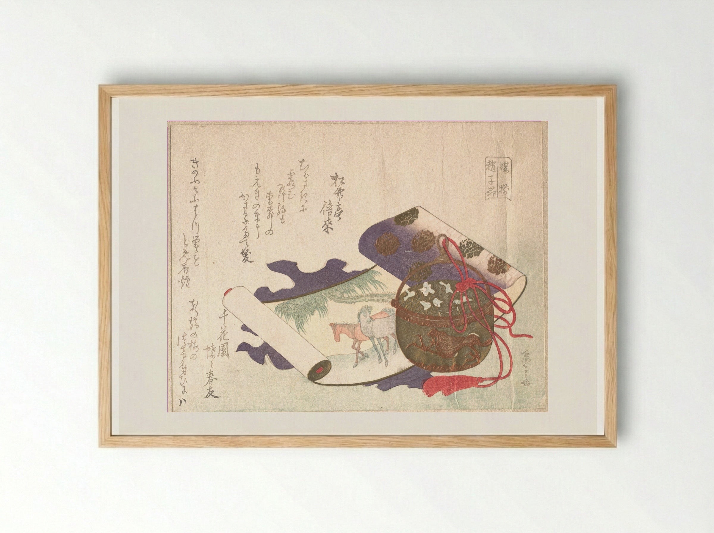 Surimono with Scroll Painting of Horses and Incense Burner - Ryūryūkyo Shinsai - Framed Print Wood