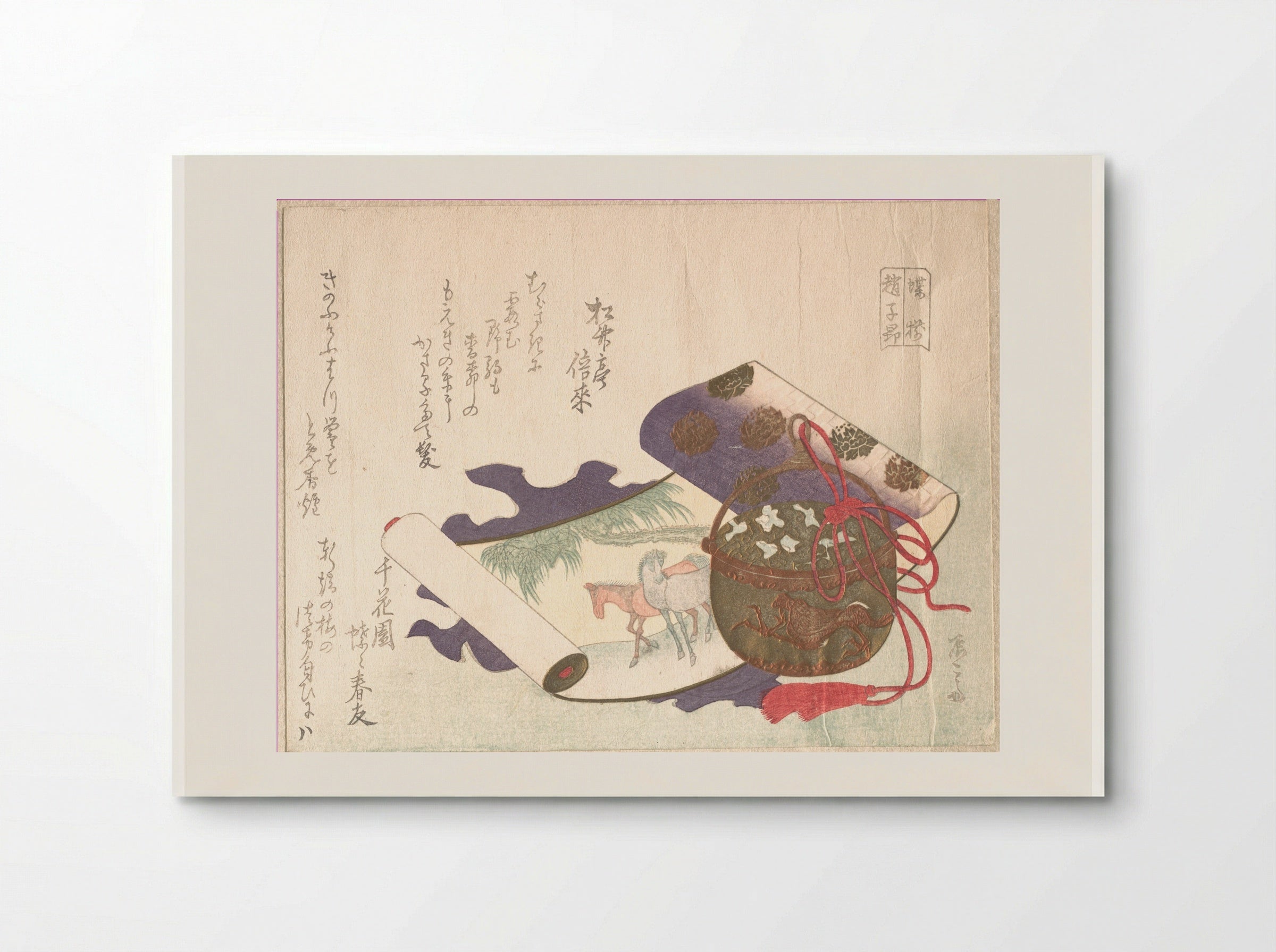 Surimono with Scroll Painting of Horses and Incense Burner - Ryūryūkyo Shinsai - Poster