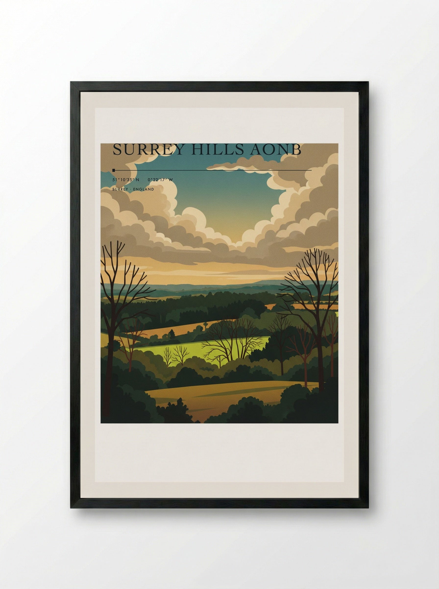 Surrey Hills AONB England Travel Poster - Framed Print Black