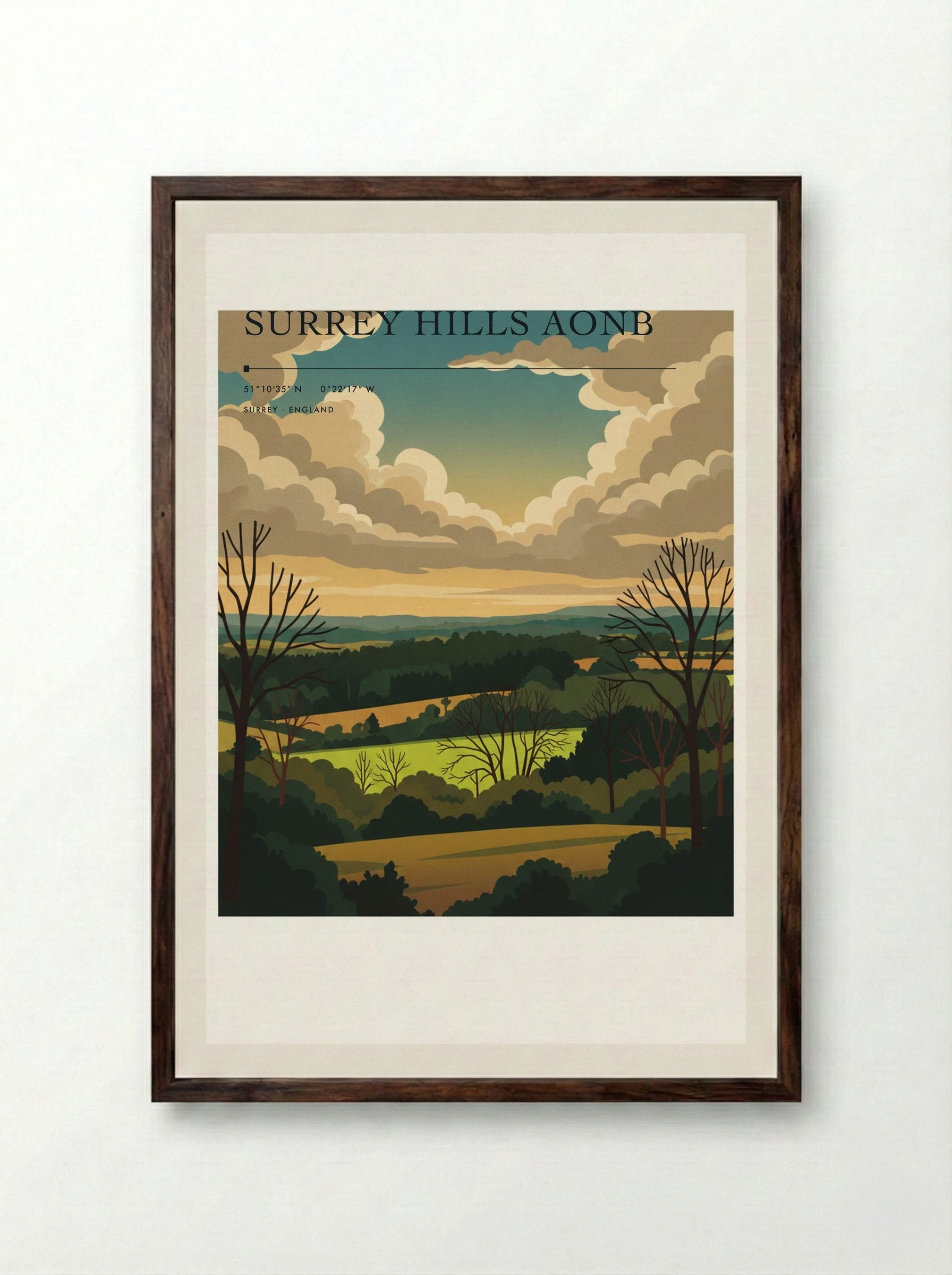 Surrey Hills AONB England Travel Poster - Framed Print Dark Wood