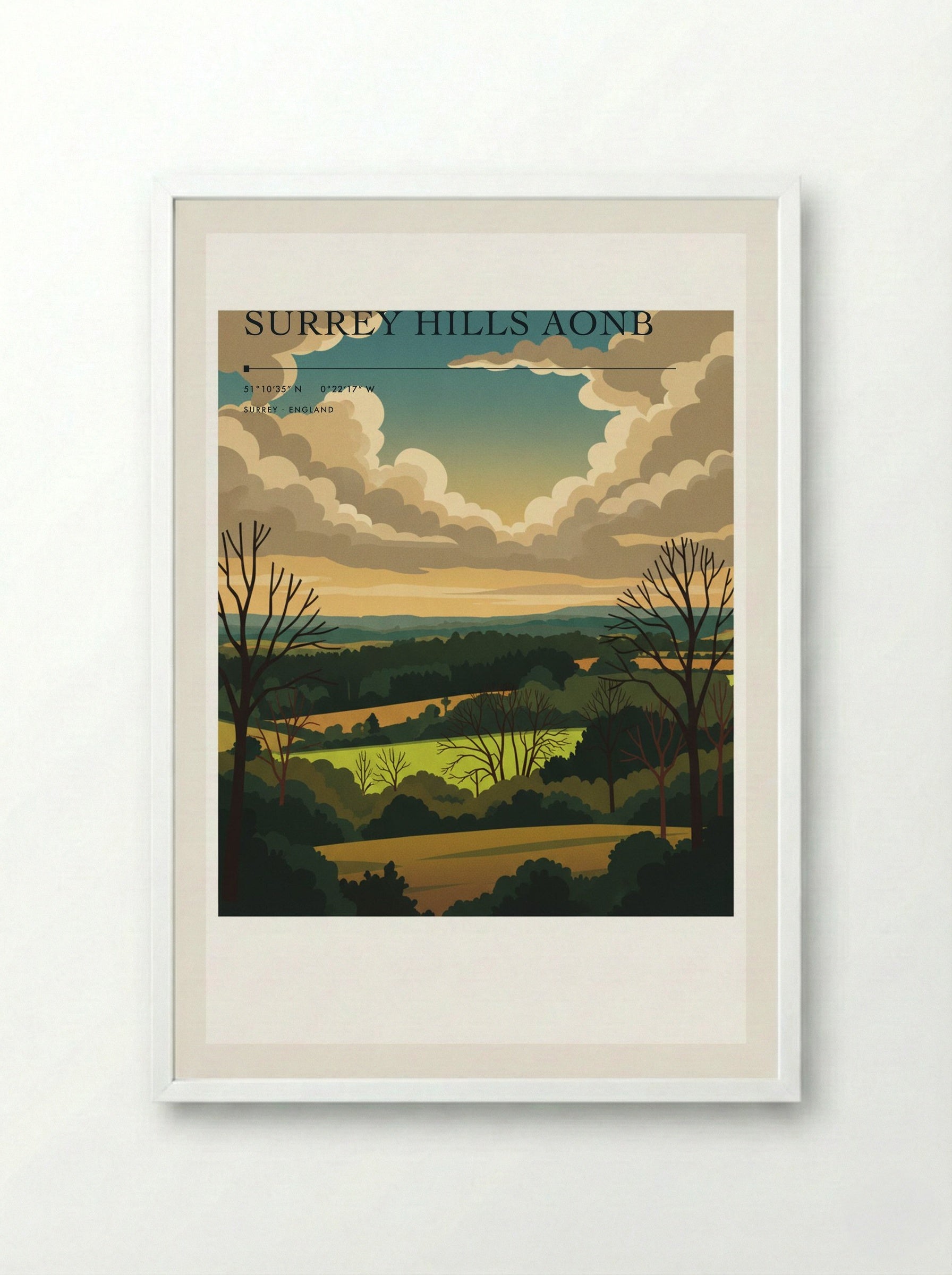 Surrey Hills AONB England Travel Poster - Framed Print White
