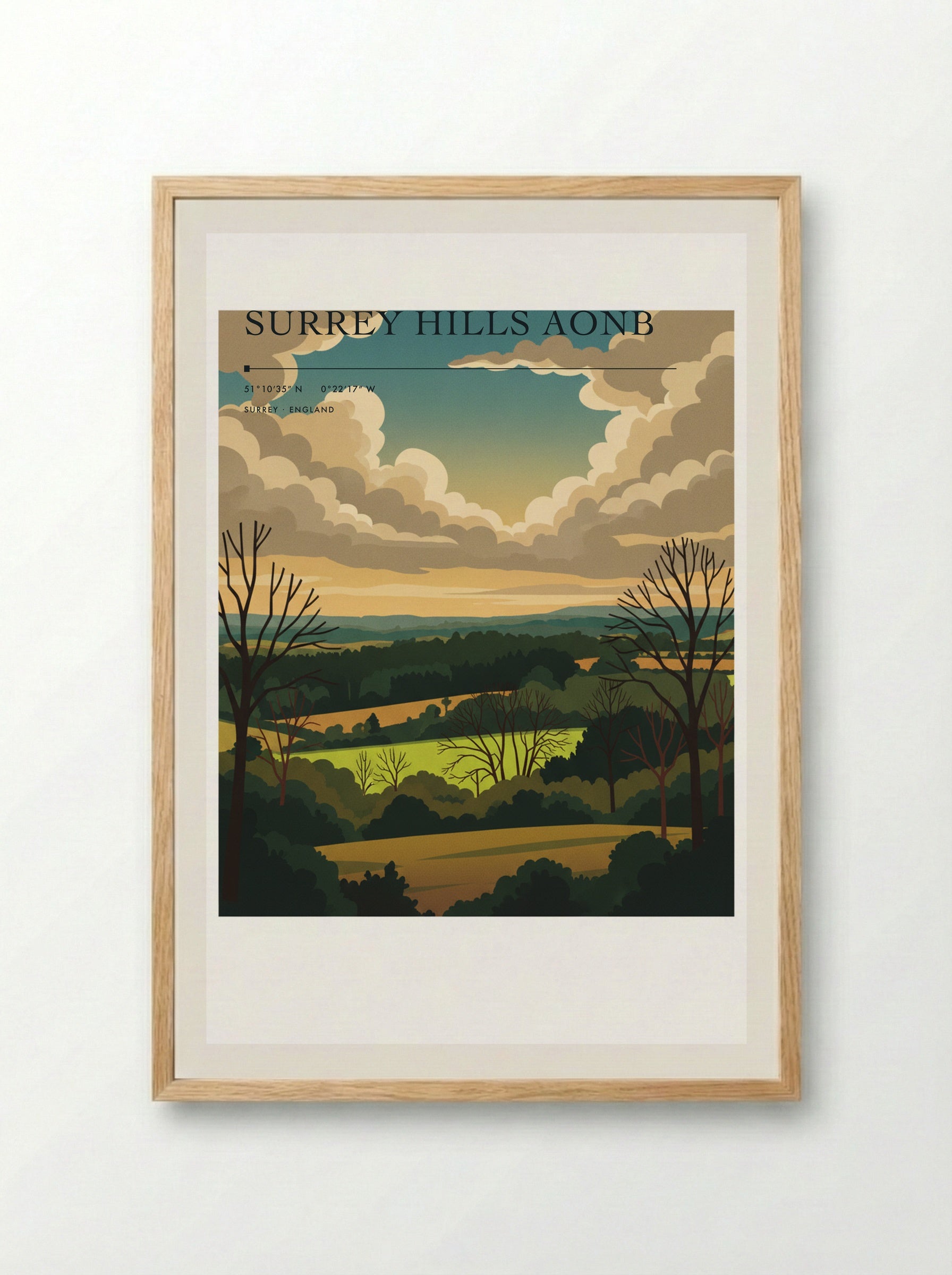 Surrey Hills AONB England Travel Poster - Framed Print Wood