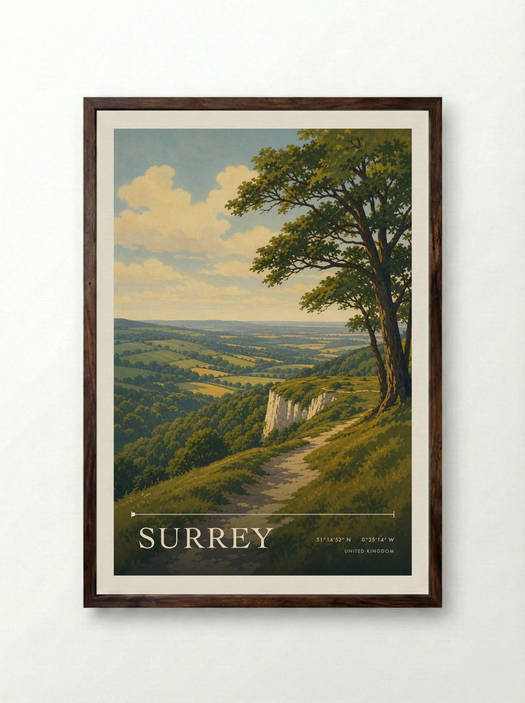 Surrey United Kingdom Travel Poster - Framed Print Dark Wood