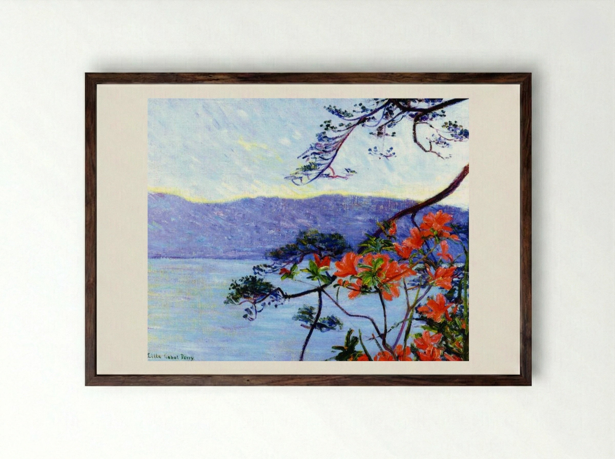 Suruga Bay, Azaleas - Lilla Cabot Perry - Framed Print Dark Wood
