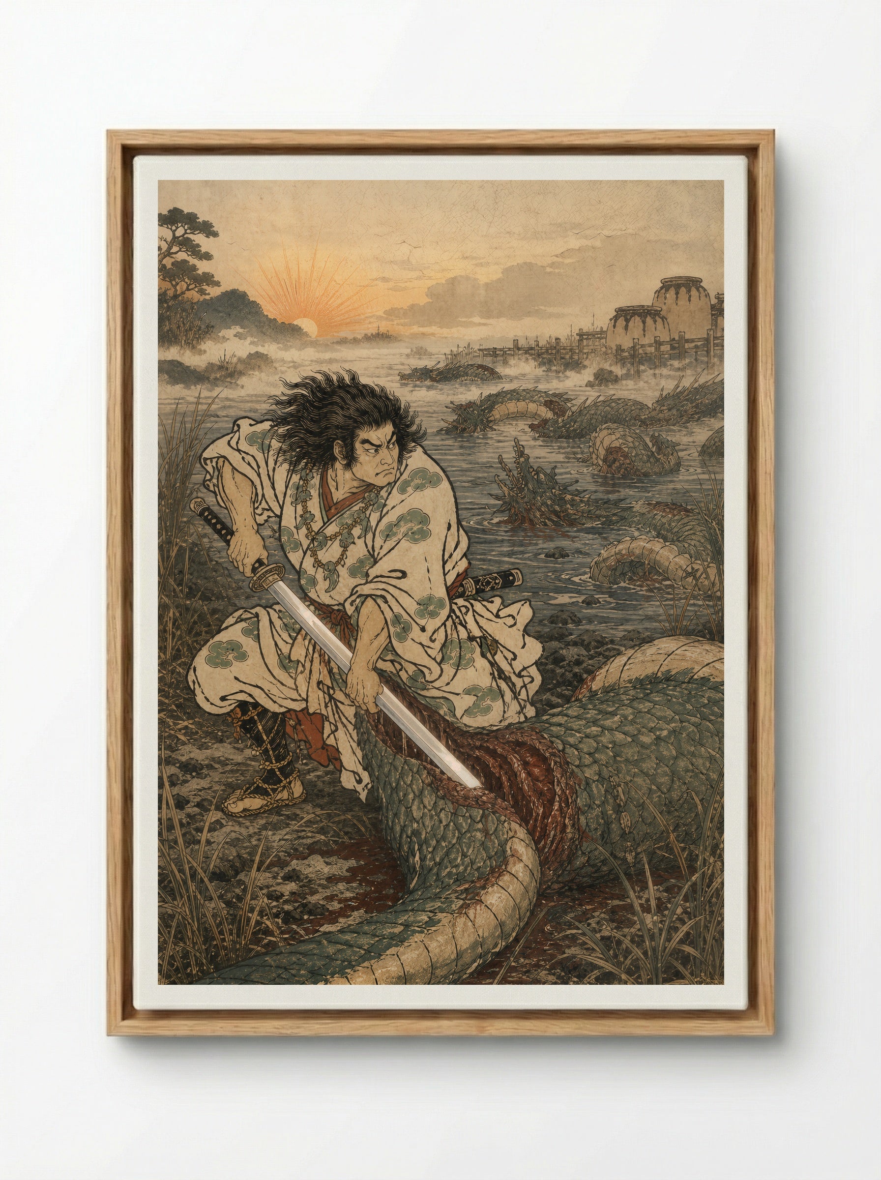 Susanoo and Yamata no Orochi: Susanoo strikes the final coil - Framed Canvas Wood