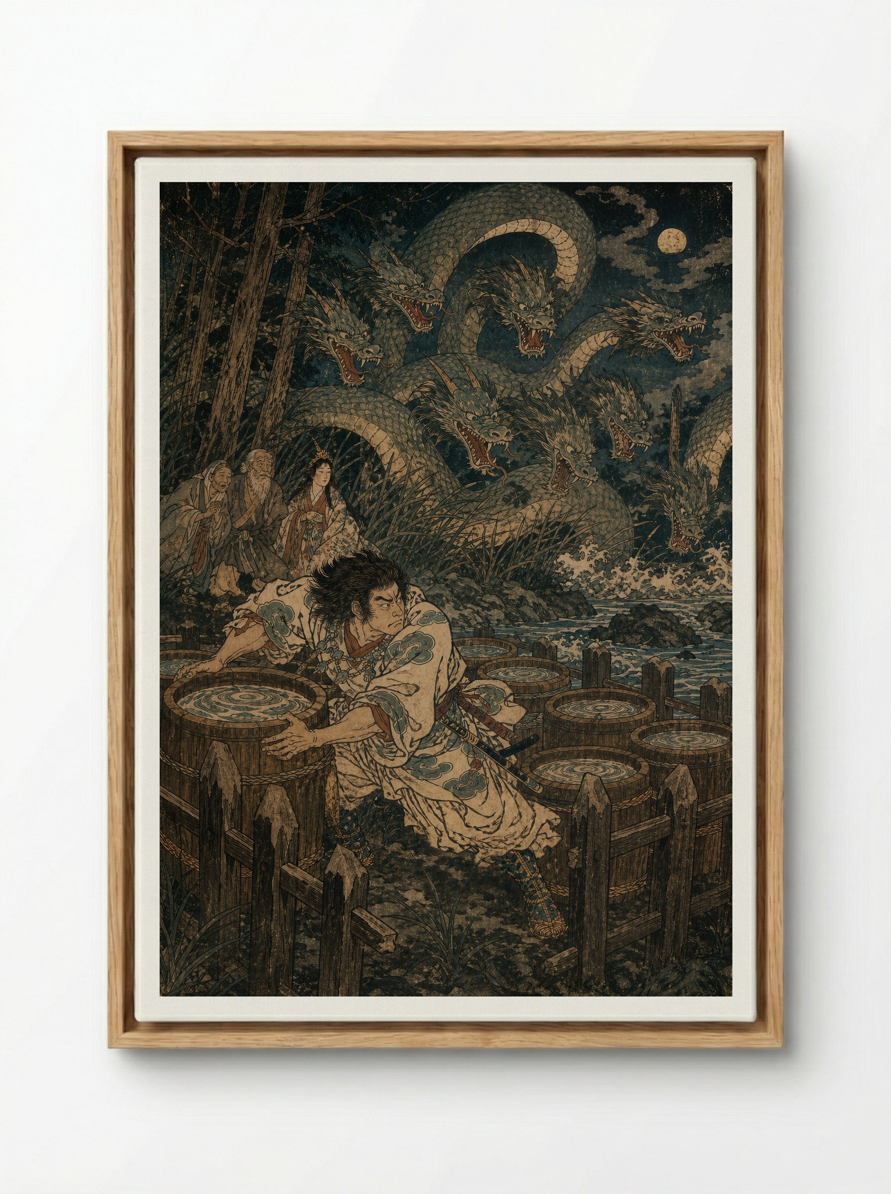 Susanoo and Yamata no Orochi: The eight vats are prepared - Framed Canvas Wood