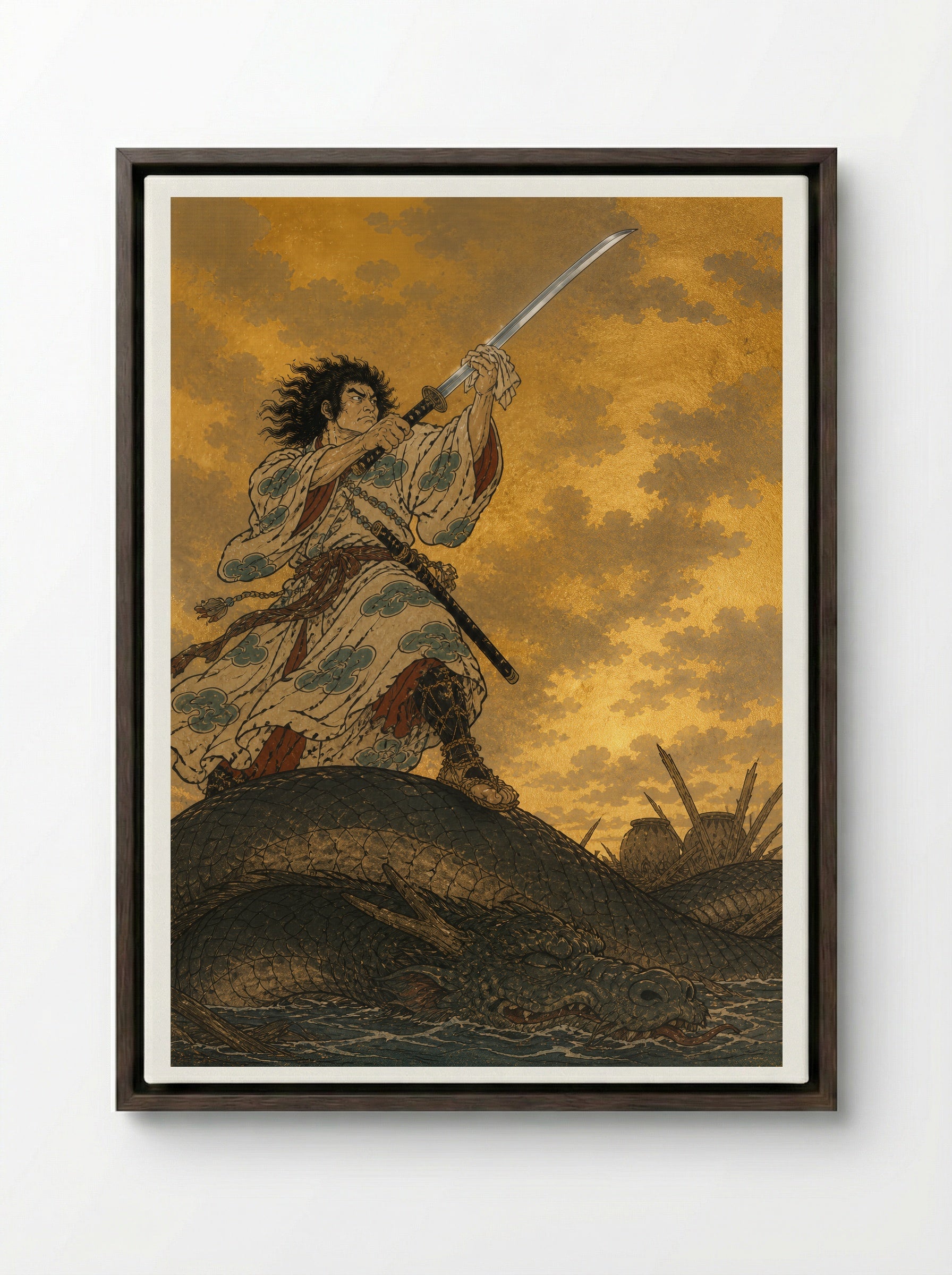 Susanoo and Yamata no Orochi: The recovered sword rests - Framed Canvas Dark Wood