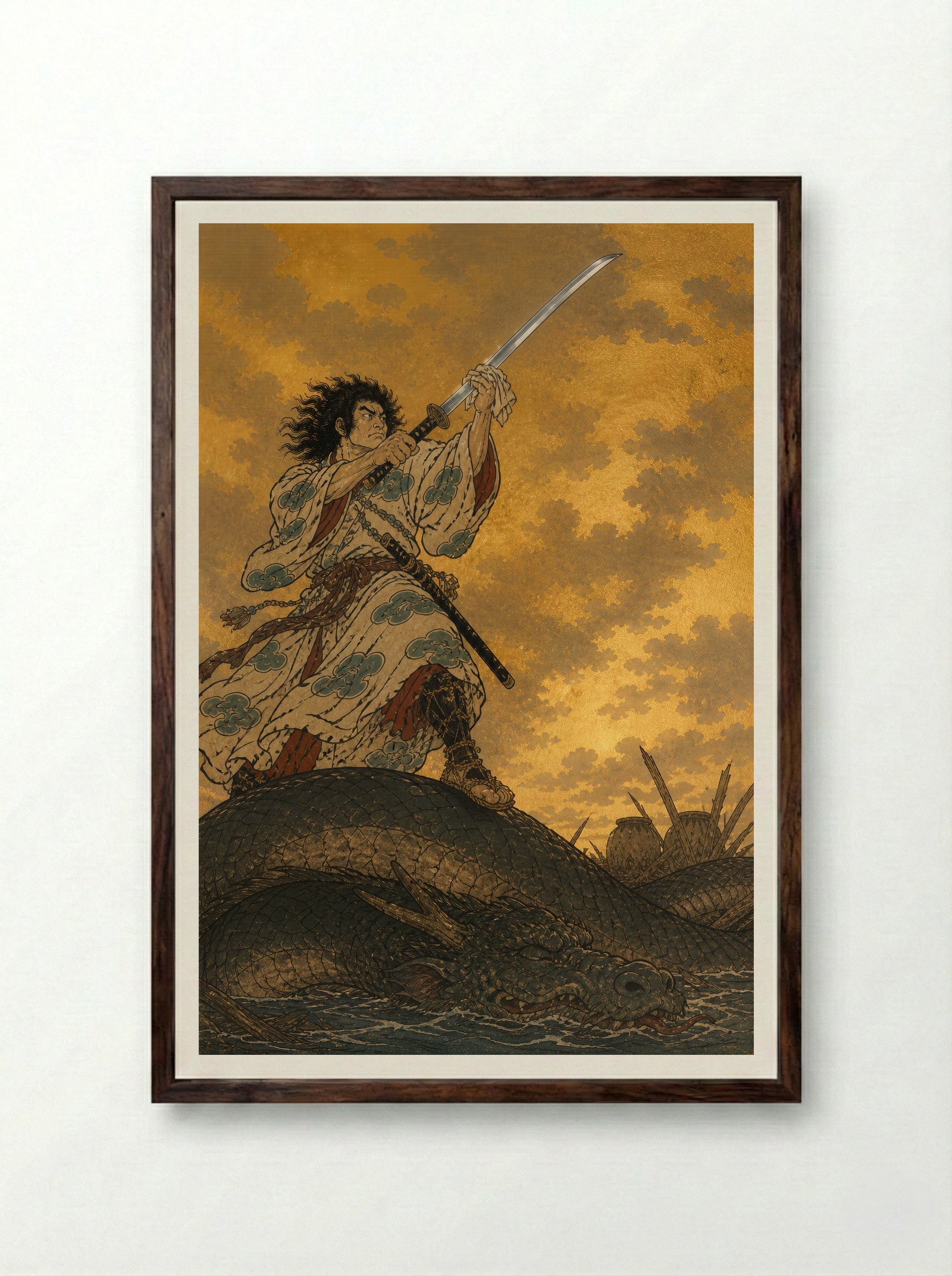 Susanoo and Yamata no Orochi: The recovered sword rests - Framed Print Dark Wood