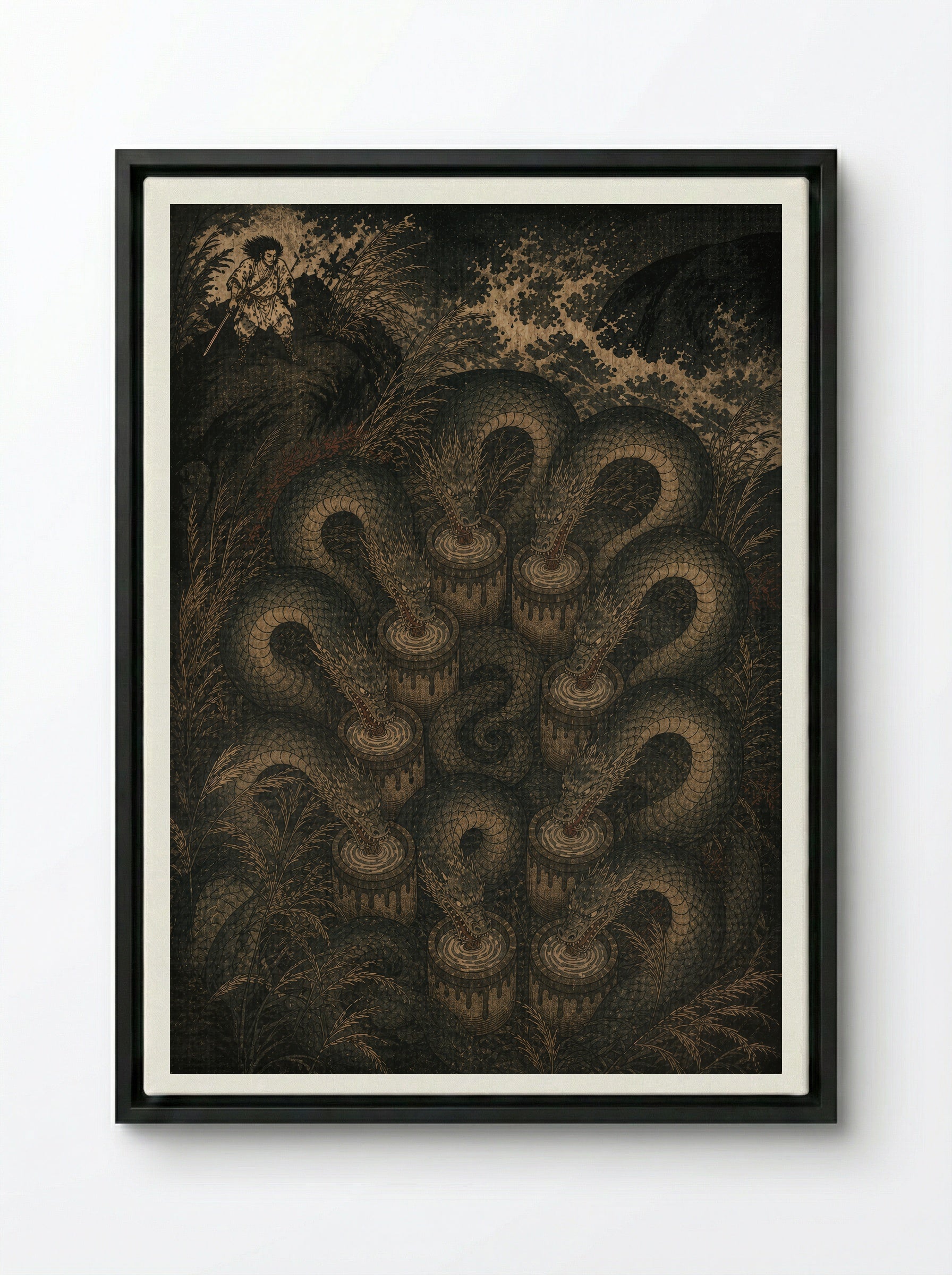 Susanoo and Yamata no Orochi: The serpent reaches the ravine - Framed Canvas Black