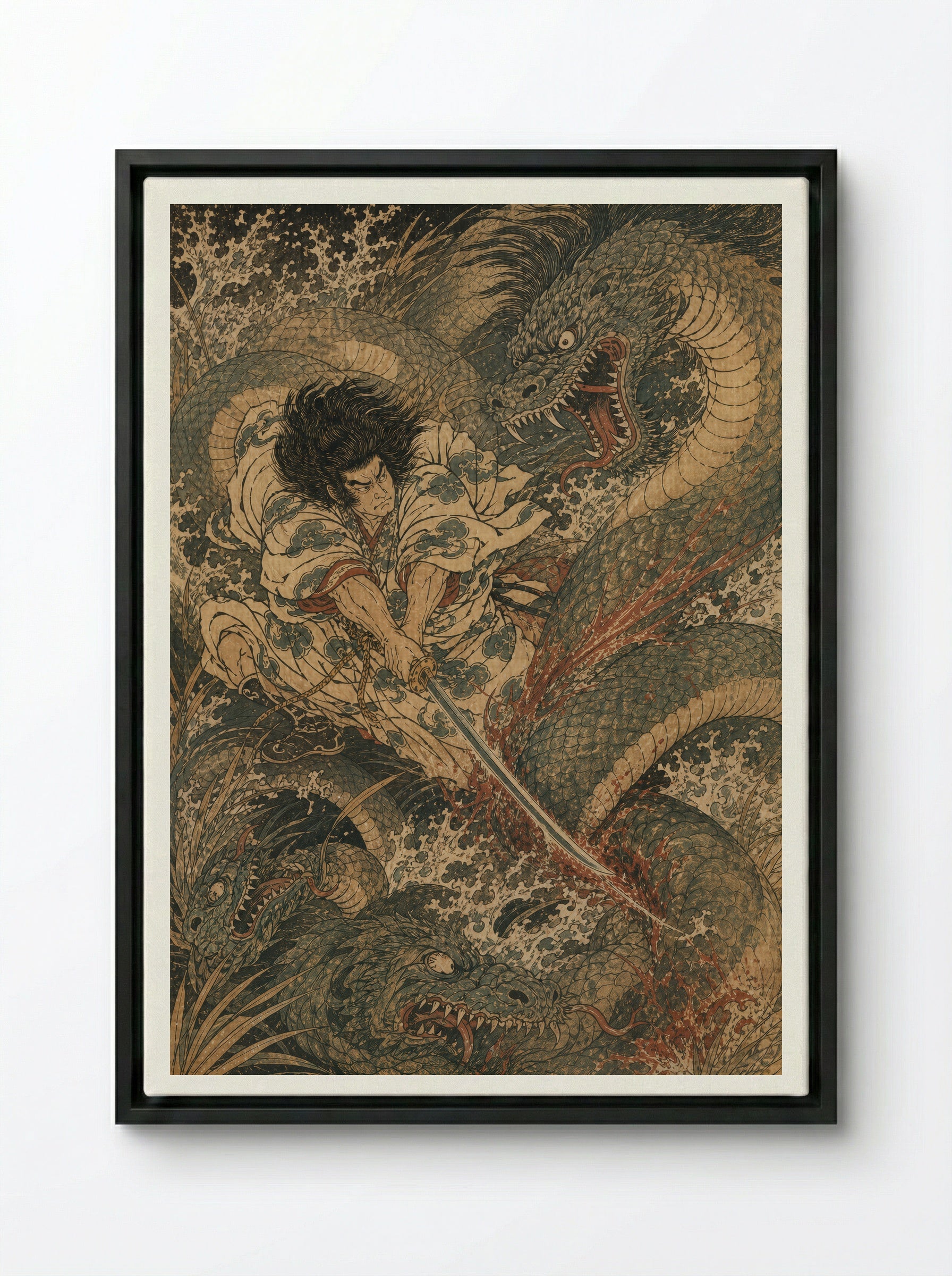 Susanoo and Yamata no Orochi: The sword appears in the tail - Framed Canvas Black