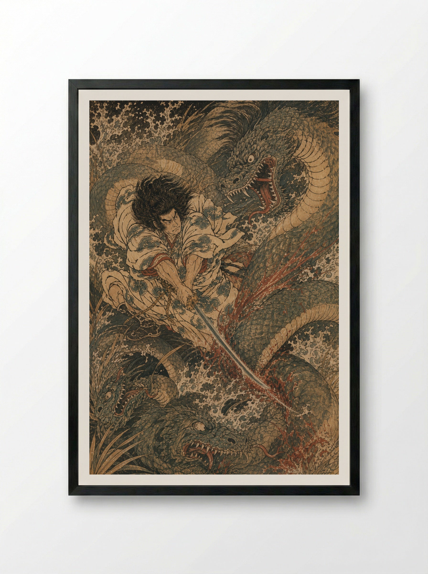 Susanoo and Yamata no Orochi: The sword appears in the tail - Framed Print Black