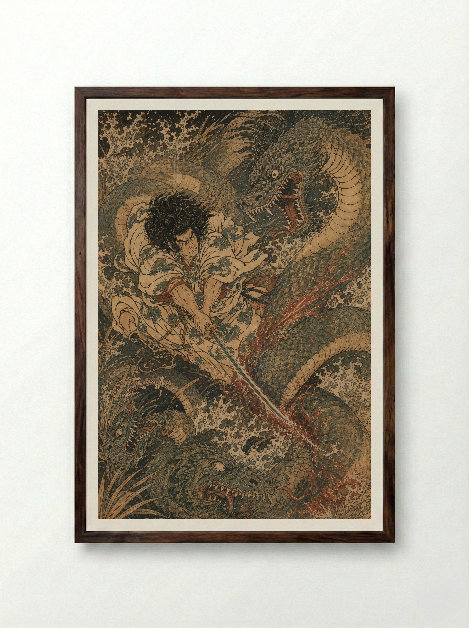 Susanoo and Yamata no Orochi: The sword appears in the tail - Framed Print Dark Wood