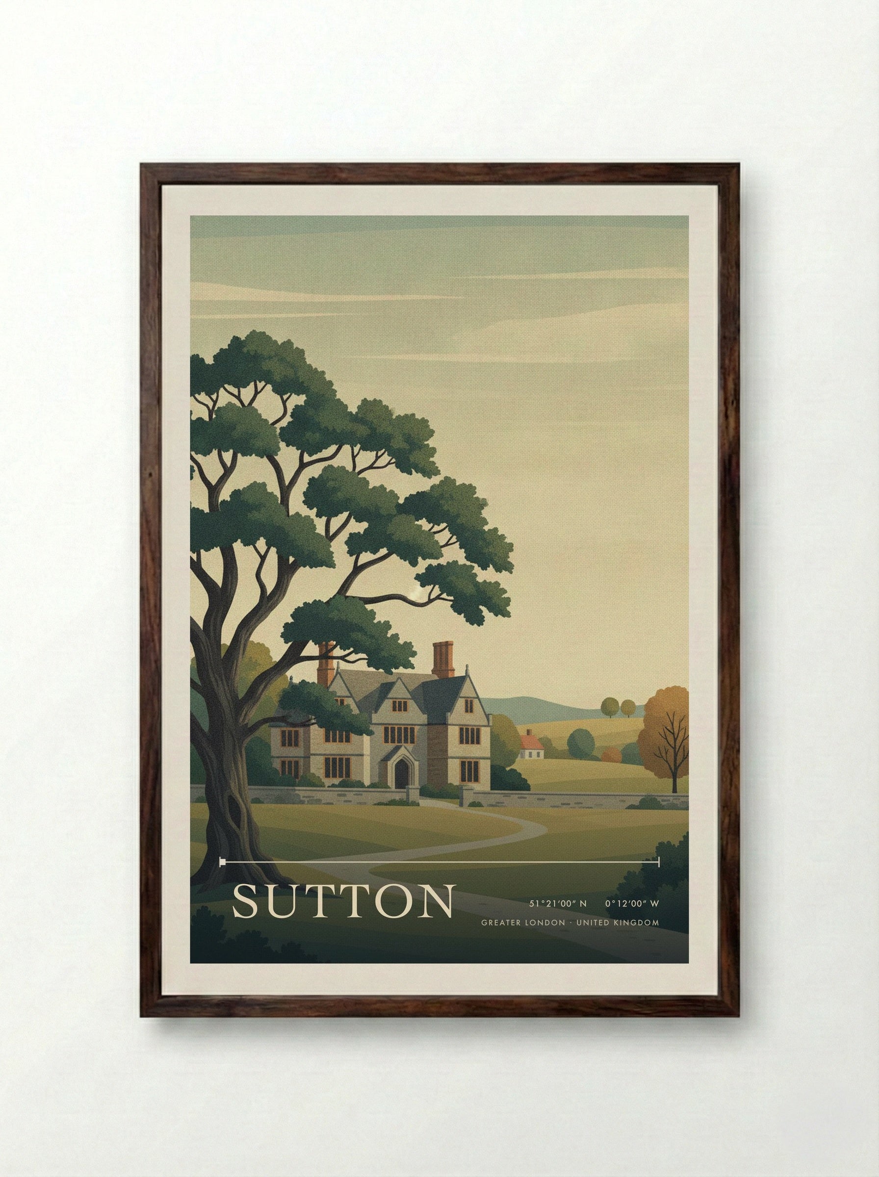 Sutton Greater London United Kingdom Travel Poster - Framed Print Dark Wood