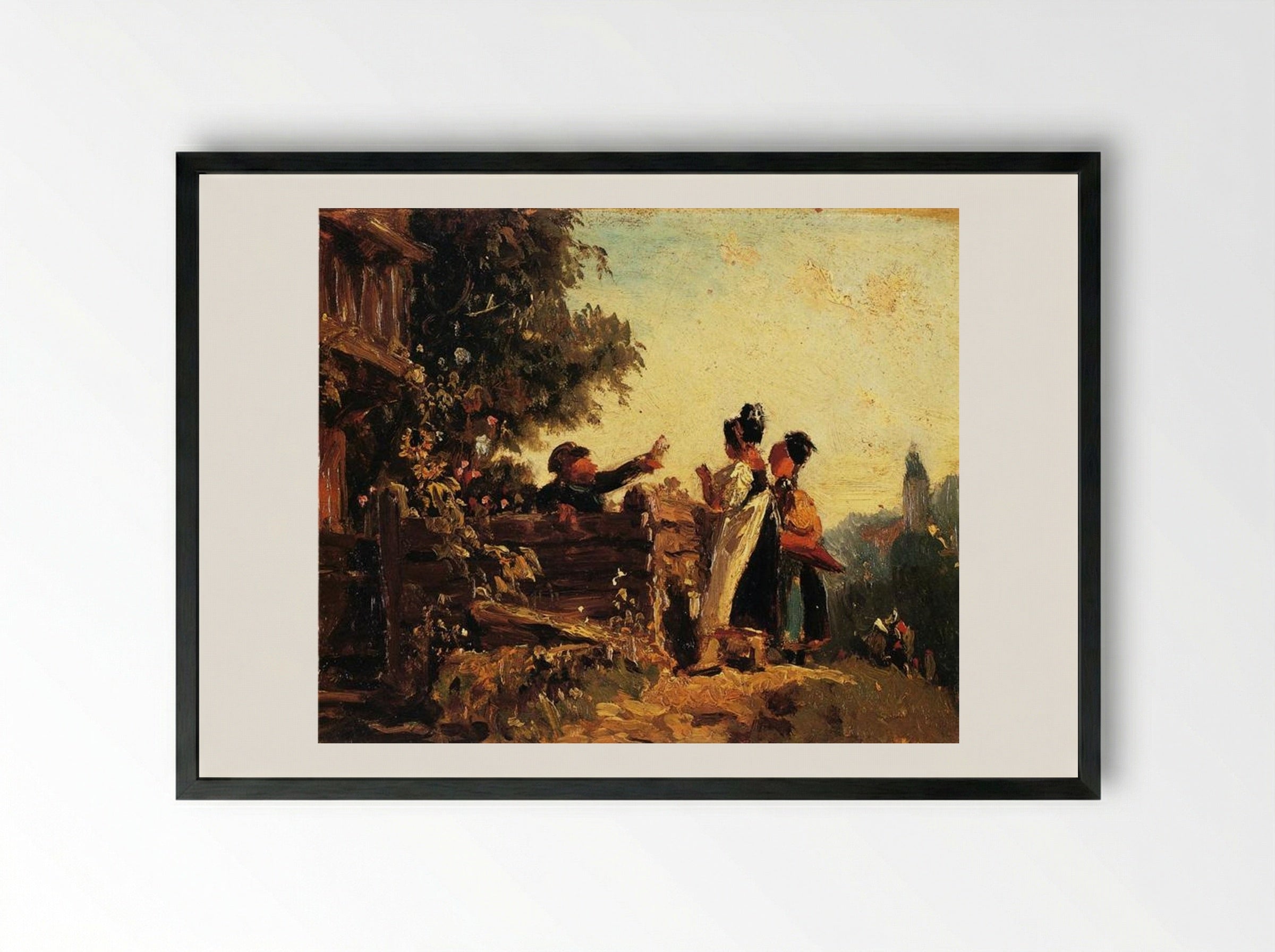 Swabian Girls at a Garden Fence - Carl Spitzweg - Framed Print Black