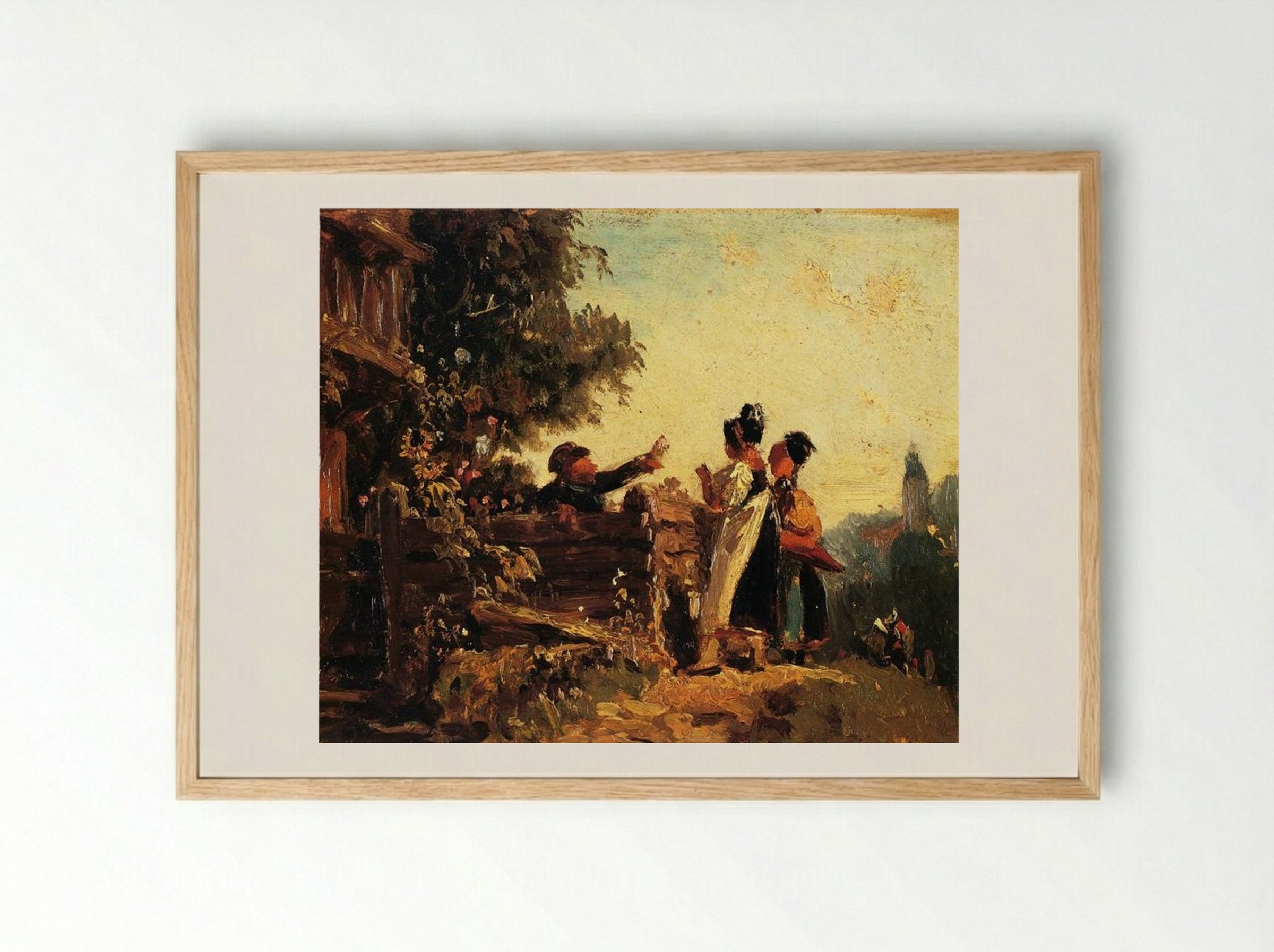 Swabian Girls at a Garden Fence - Carl Spitzweg - Framed Print Wood