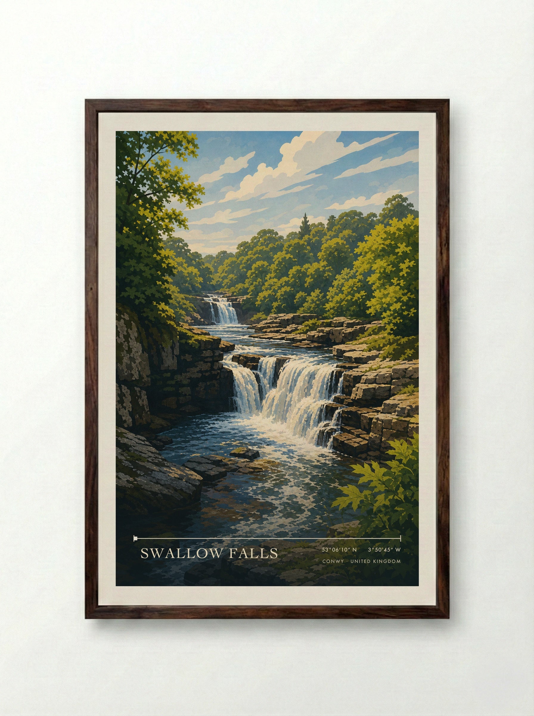 Swallow Falls Conwy United Kingdom Travel Poster - Framed Print Dark Wood