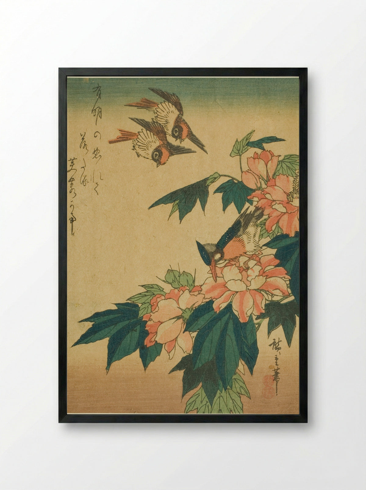 Swallows, Kingfisher, and Hibiscus - Utagawa Hiroshige - Framed Print Black