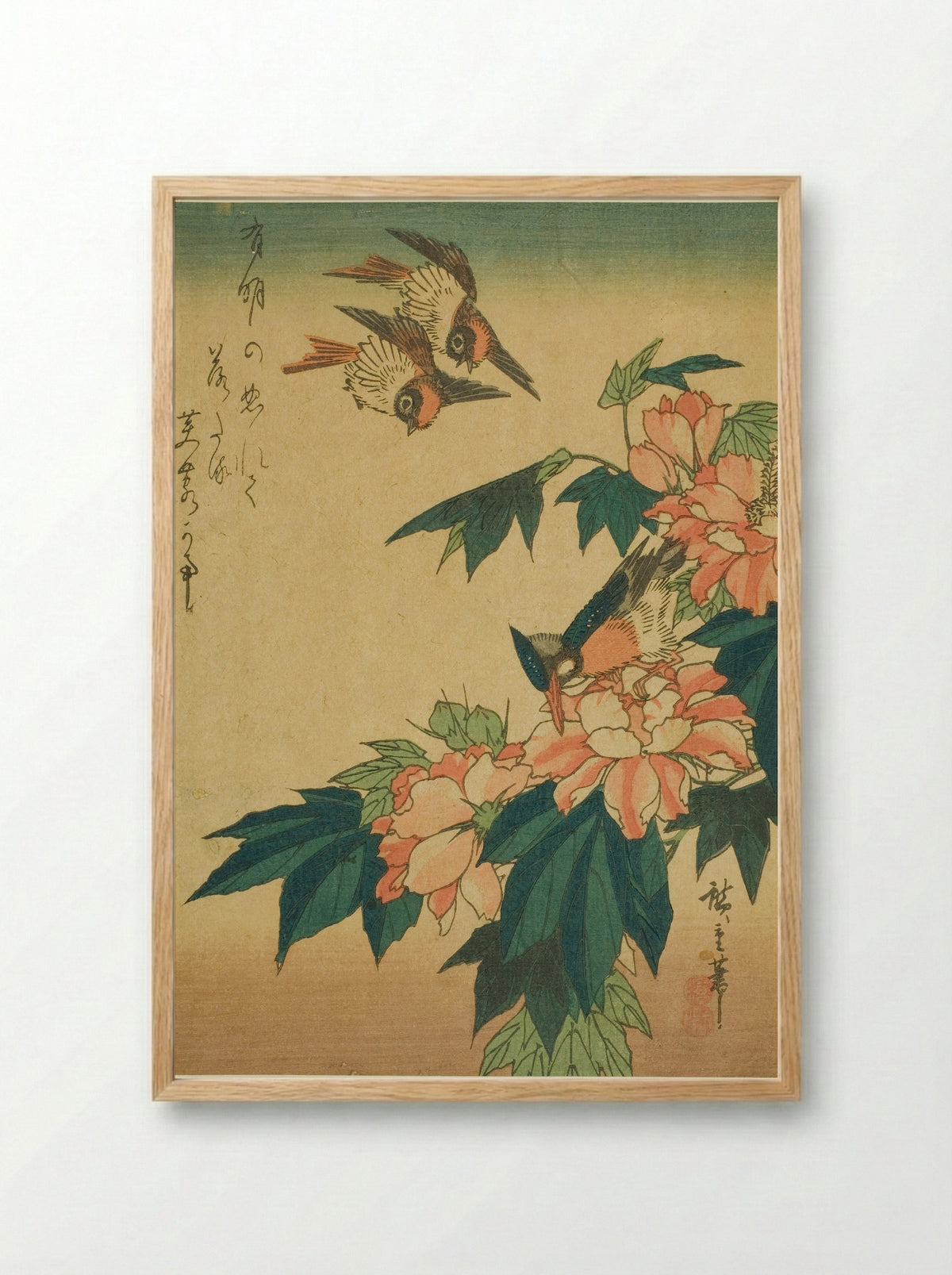 Swallows, Kingfisher, and Hibiscus - Utagawa Hiroshige - Framed Print Wood