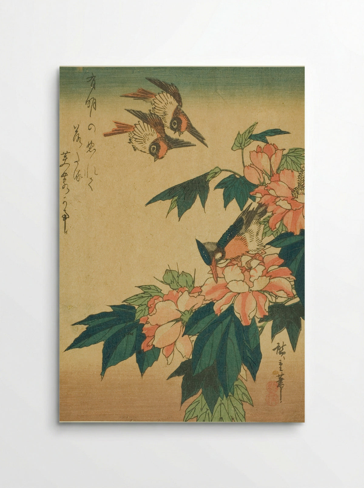 Swallows, Kingfisher, and Hibiscus - Utagawa Hiroshige - Poster