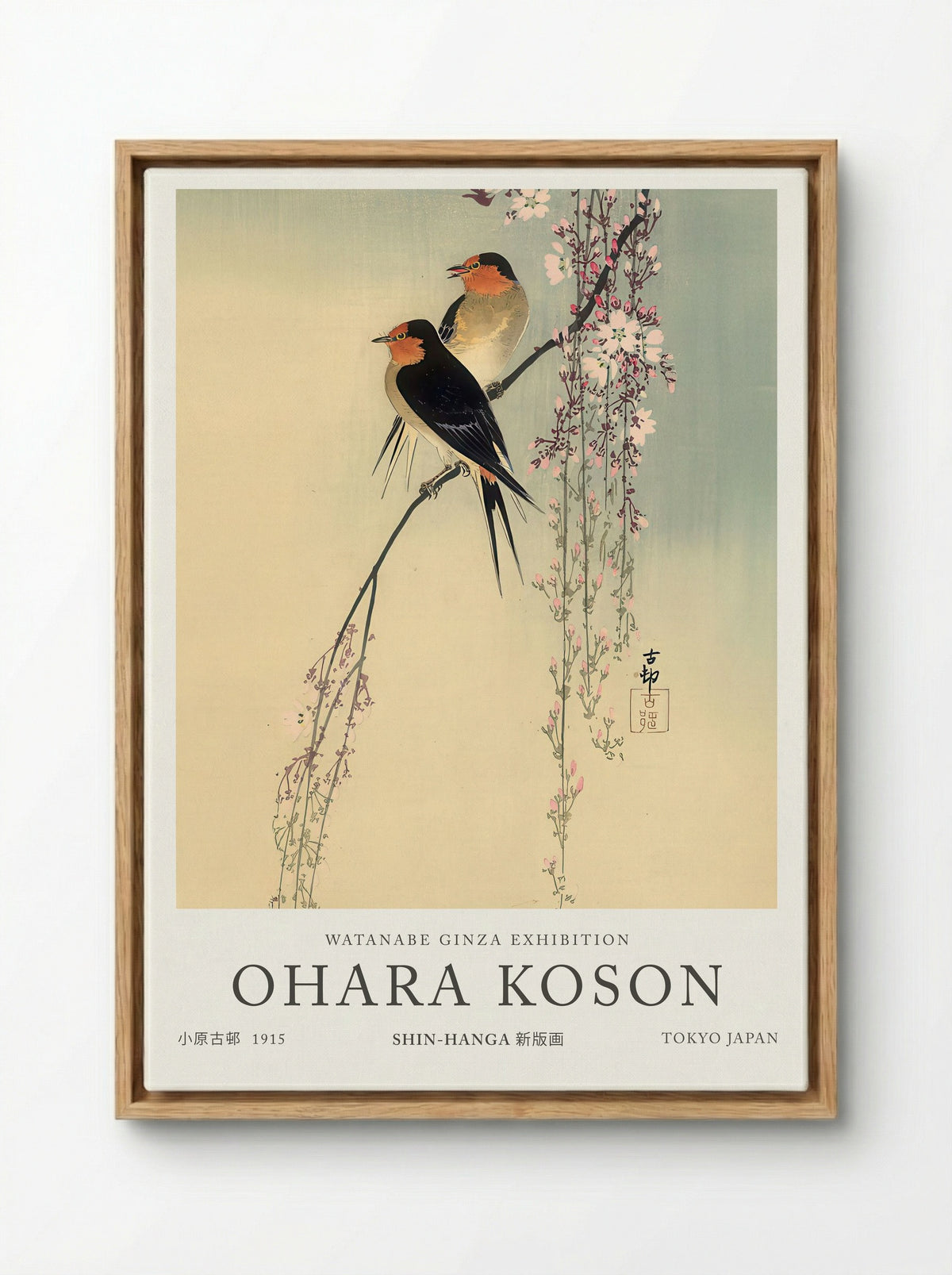 Swallows With Cherry Blossom - Ohara Koson - Framed Canvas Wood