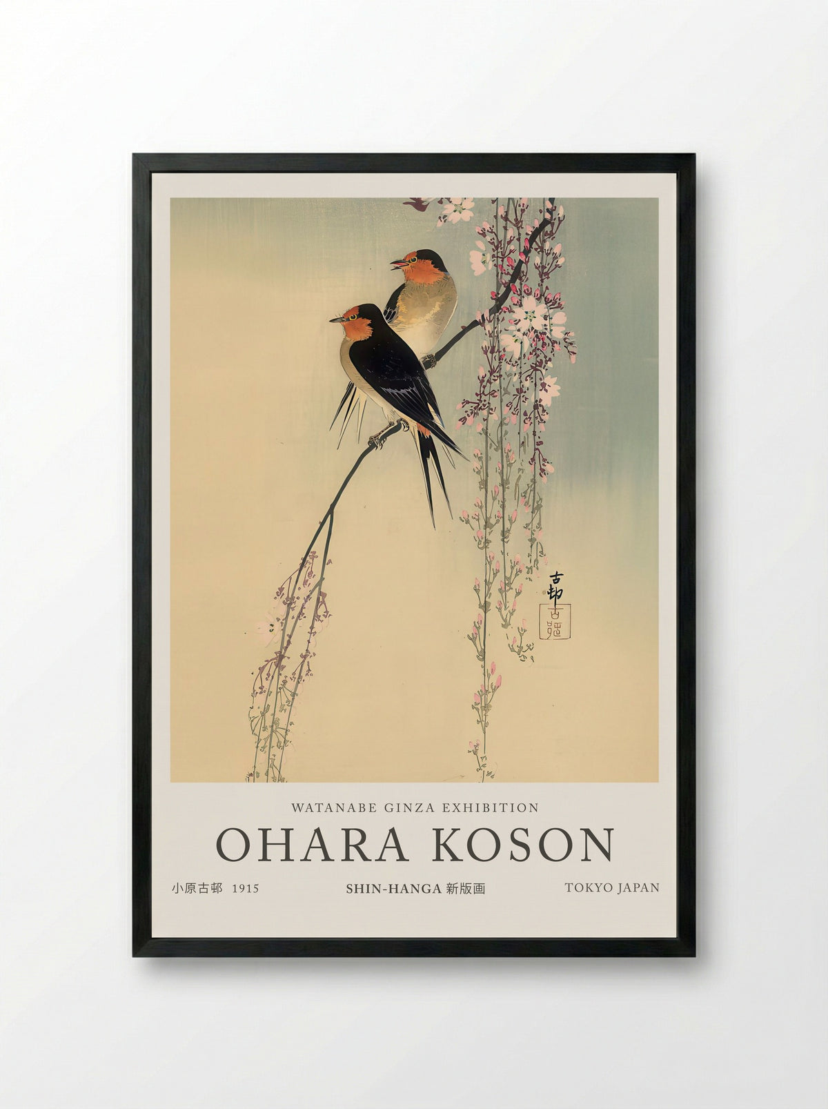 Swallows With Cherry Blossom - Ohara Koson - Framed Print Black