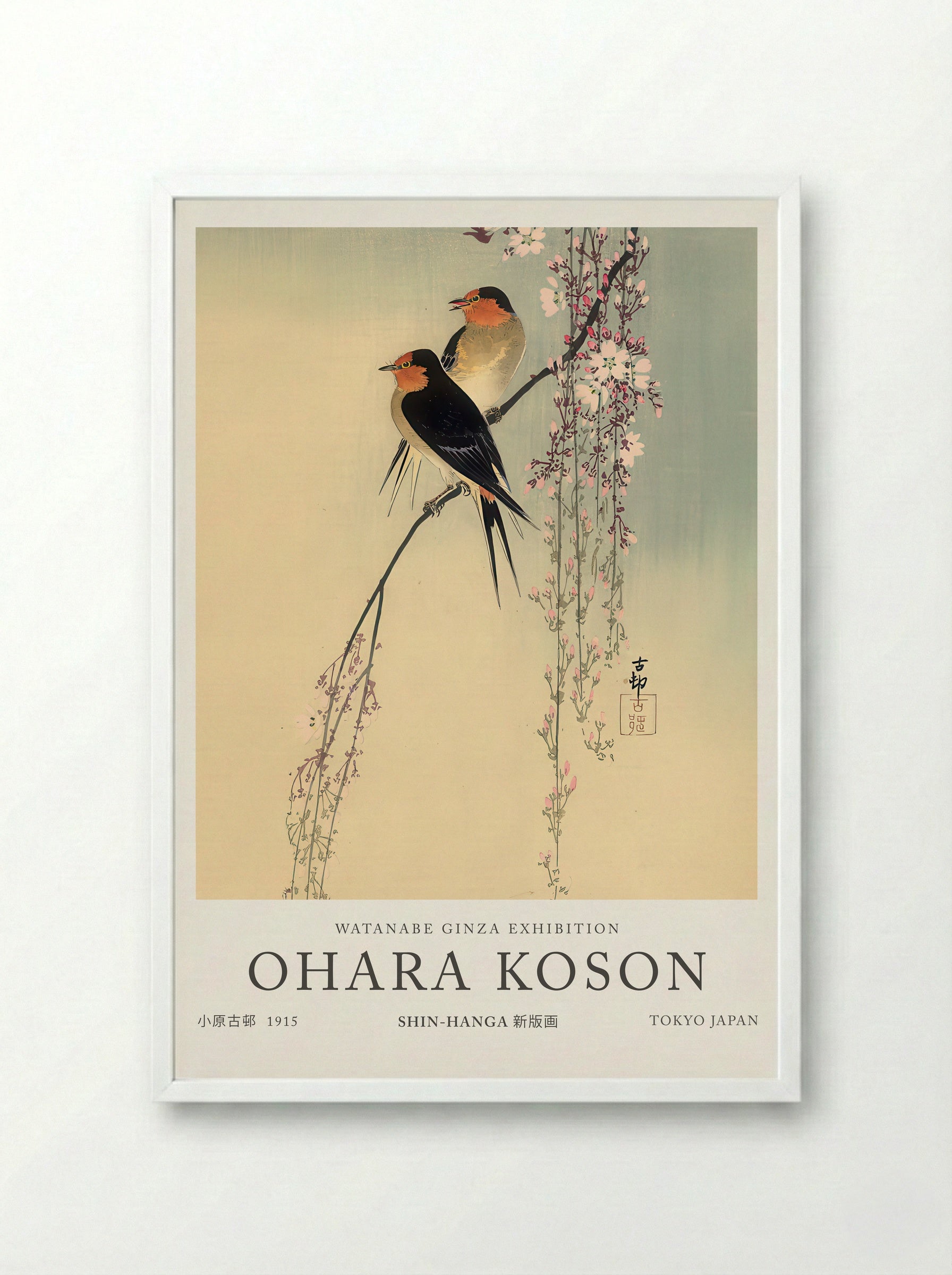 Swallows With Cherry Blossom - Ohara Koson - Framed Print White