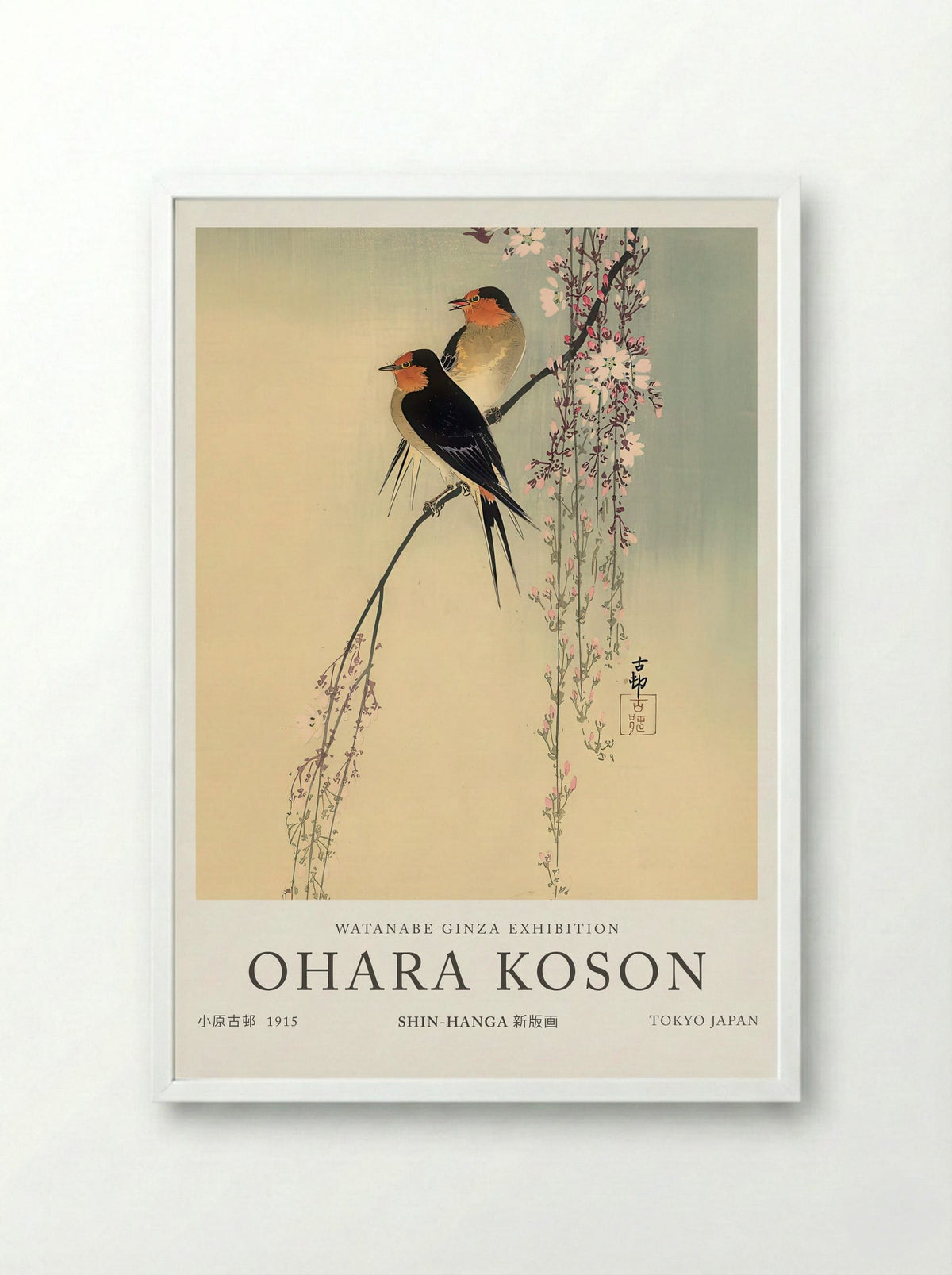 Swallows With Cherry Blossom - Ohara Koson - Framed Print White
