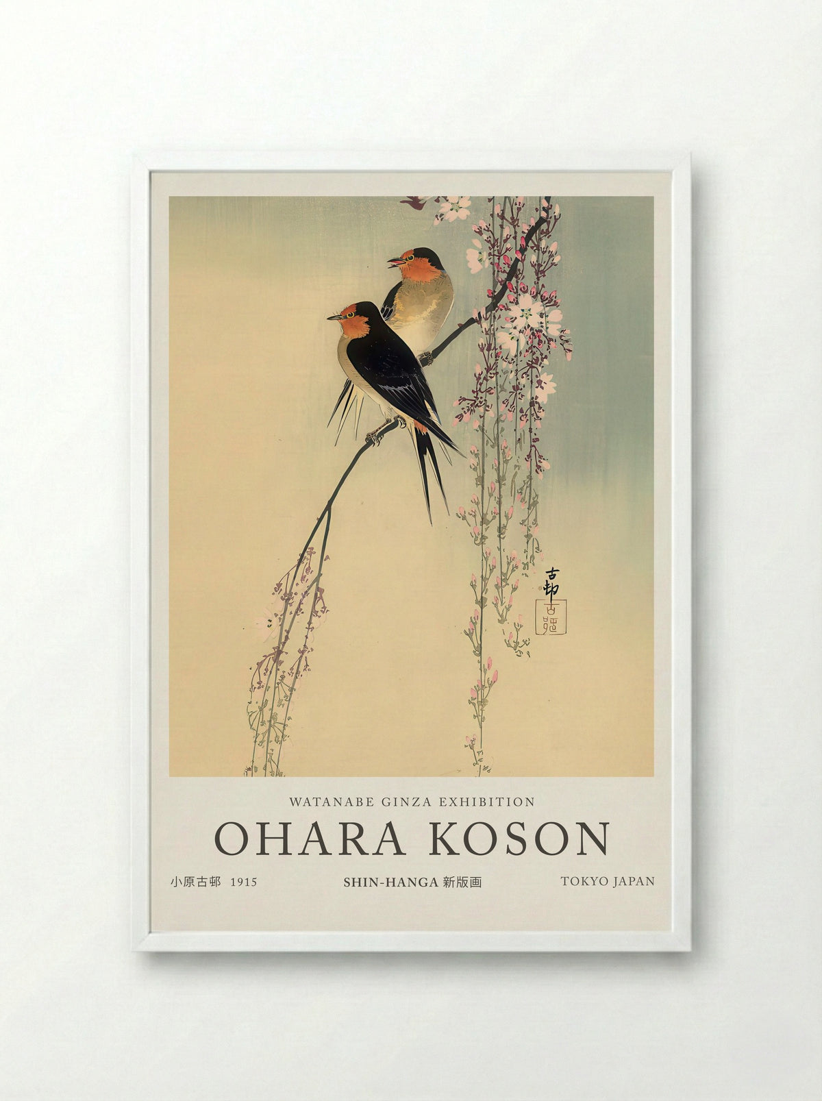 Swallows With Cherry Blossom - Ohara Koson - Framed Print White