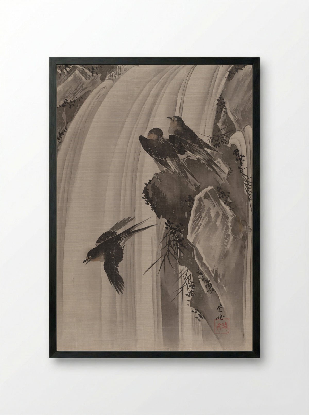 Swallows by a Waterfall - Kawanabe Kyōsai - Framed Print Black