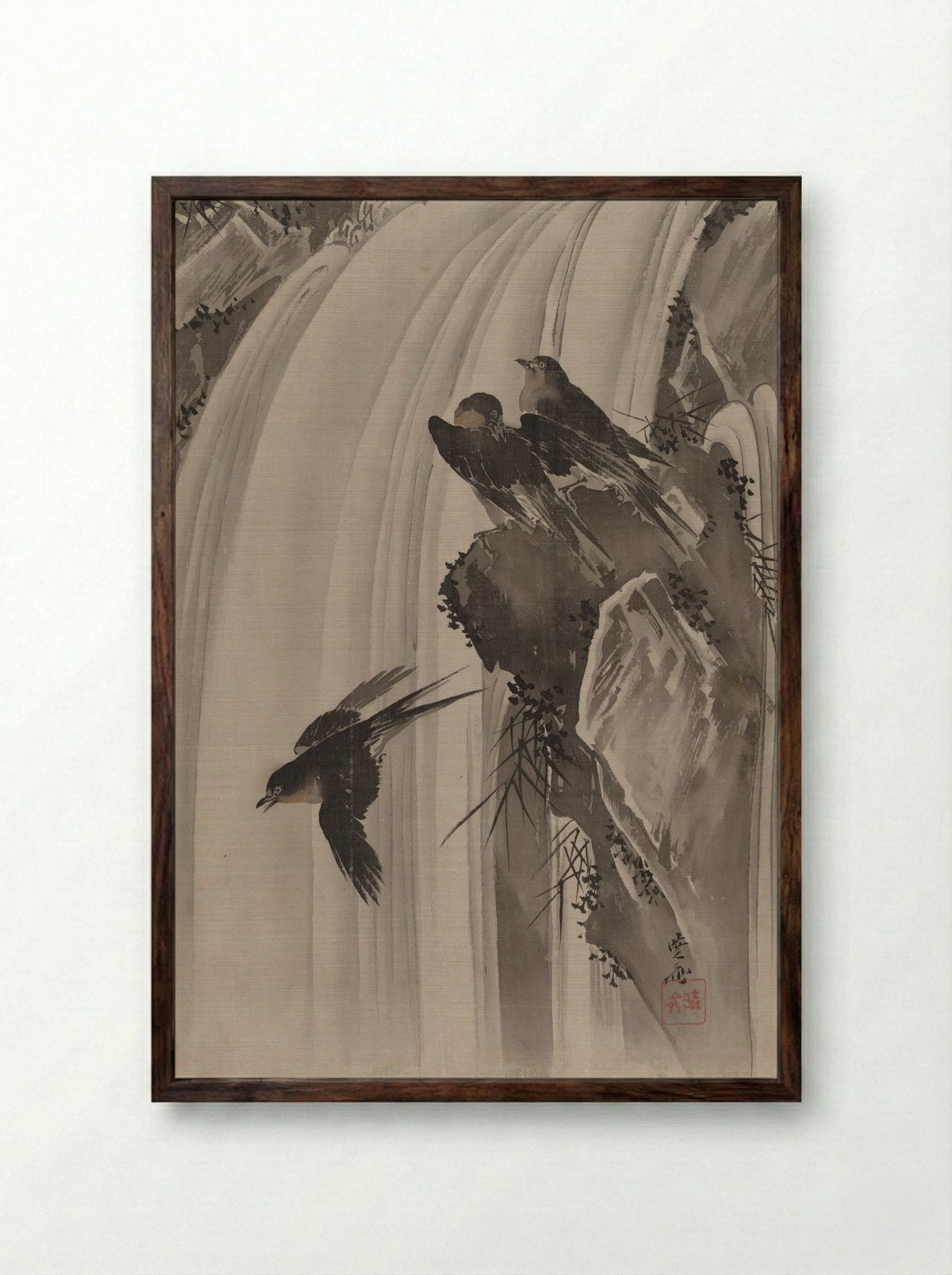 Swallows by a Waterfall - Kawanabe Kyōsai - Framed Print Dark Wood