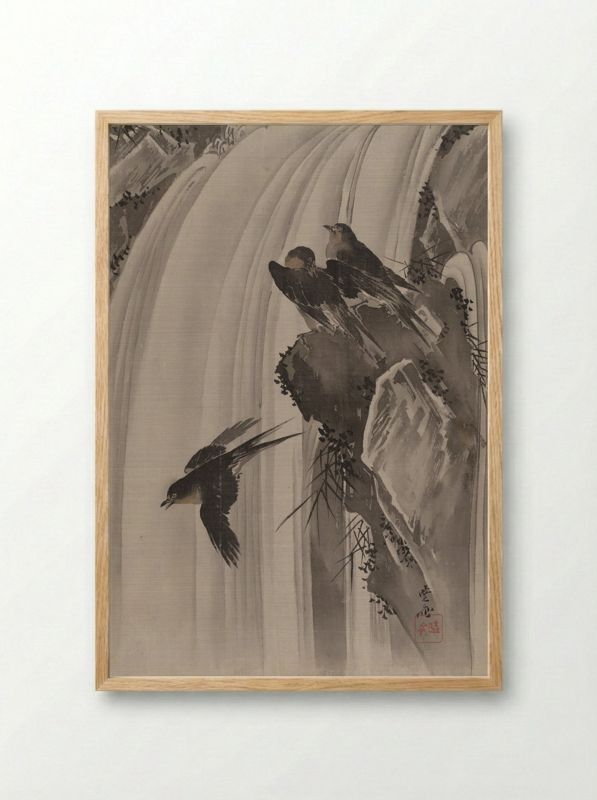 Swallows by a Waterfall - Kawanabe Kyōsai - Framed Print Wood