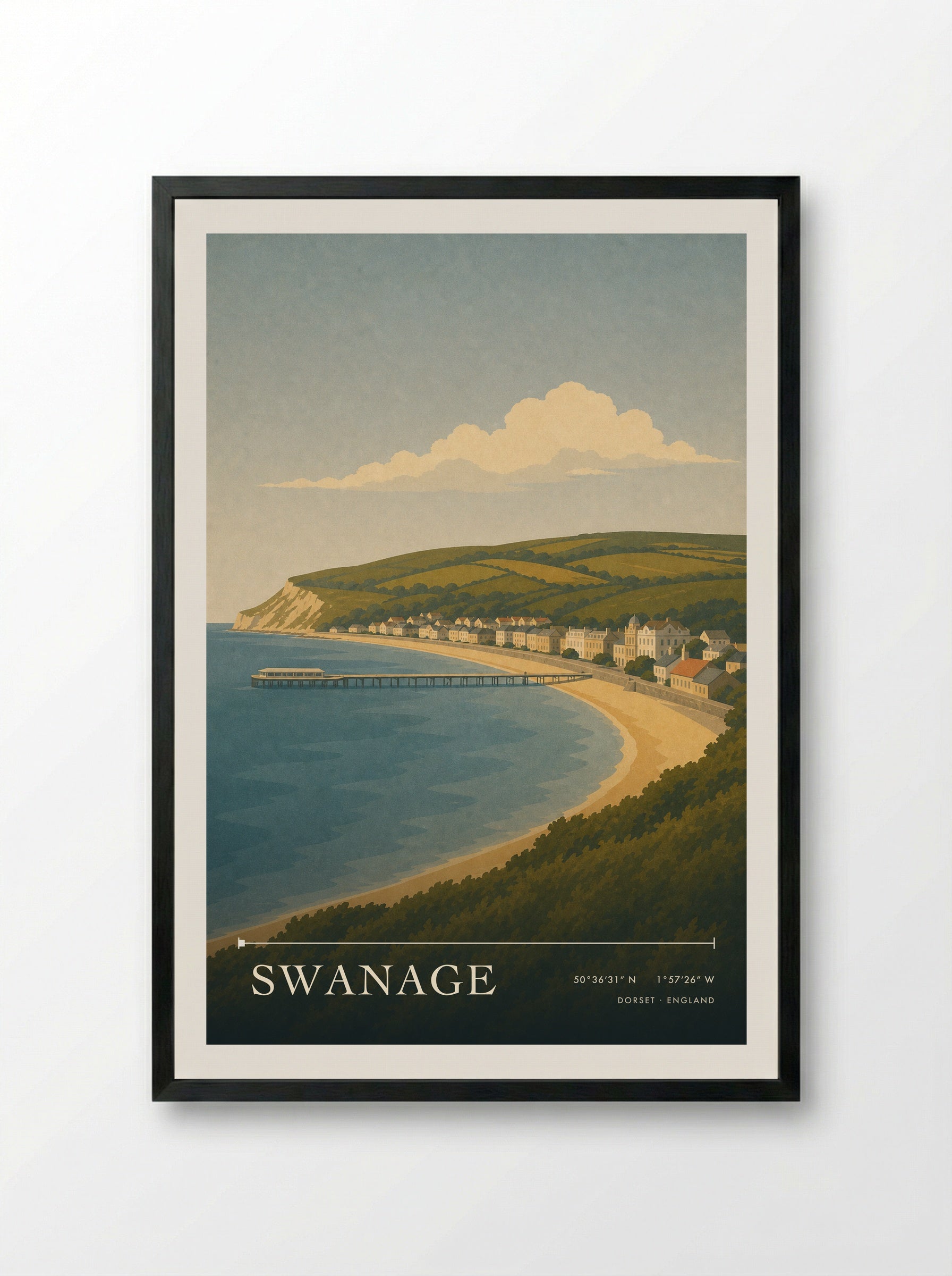 Swanage Dorset Travel Poster - Framed Print Black