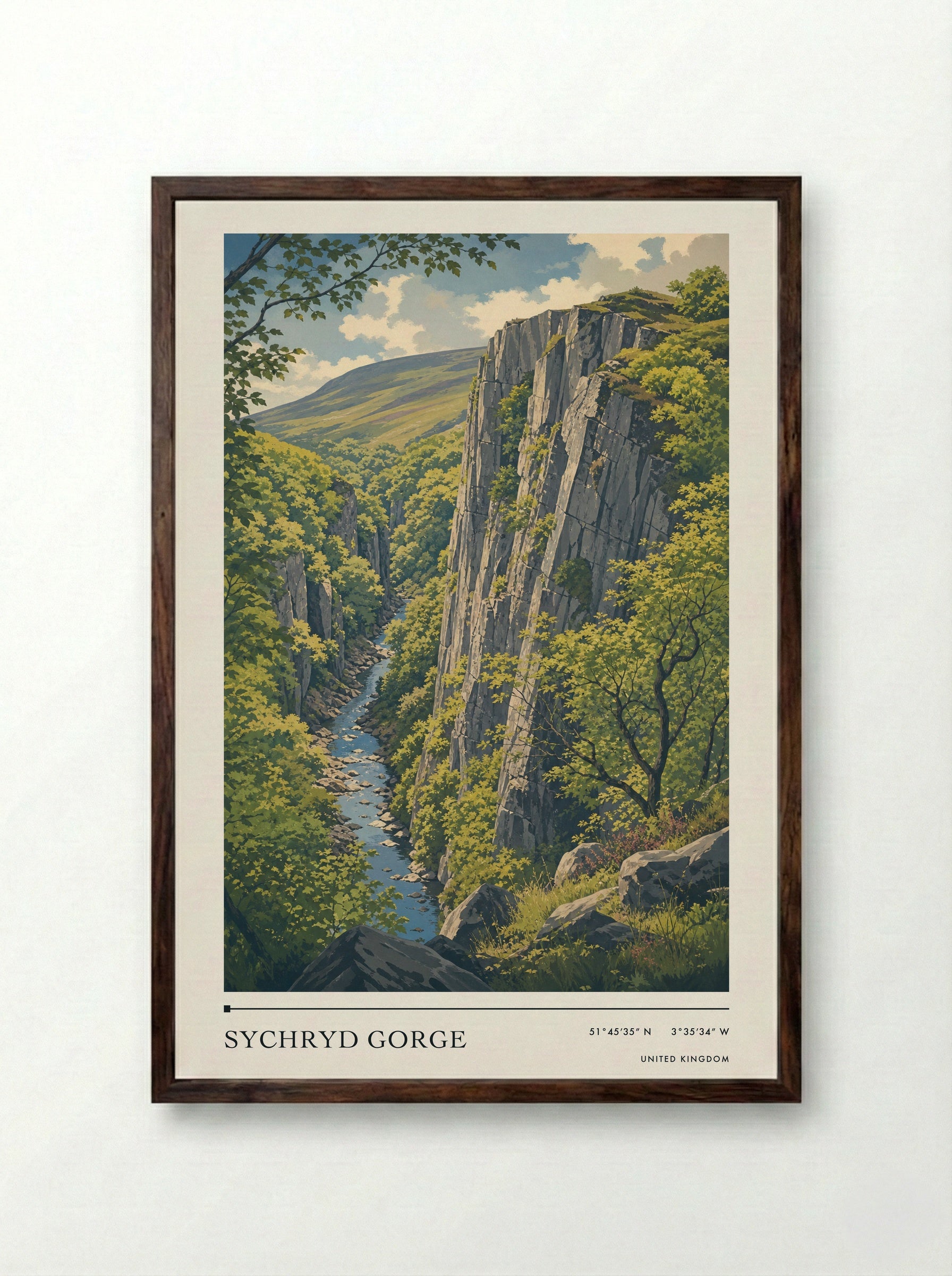 Sychryd Gorge United Kingdom Travel Poster - Framed Print Dark Wood