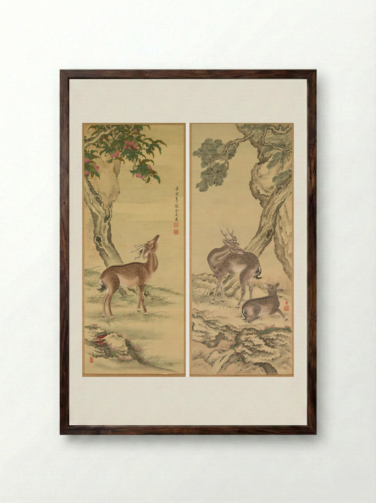Symbols of Longevity: Deer under Peach and Pine - Toda Tadanaka - Framed Print Dark Wood