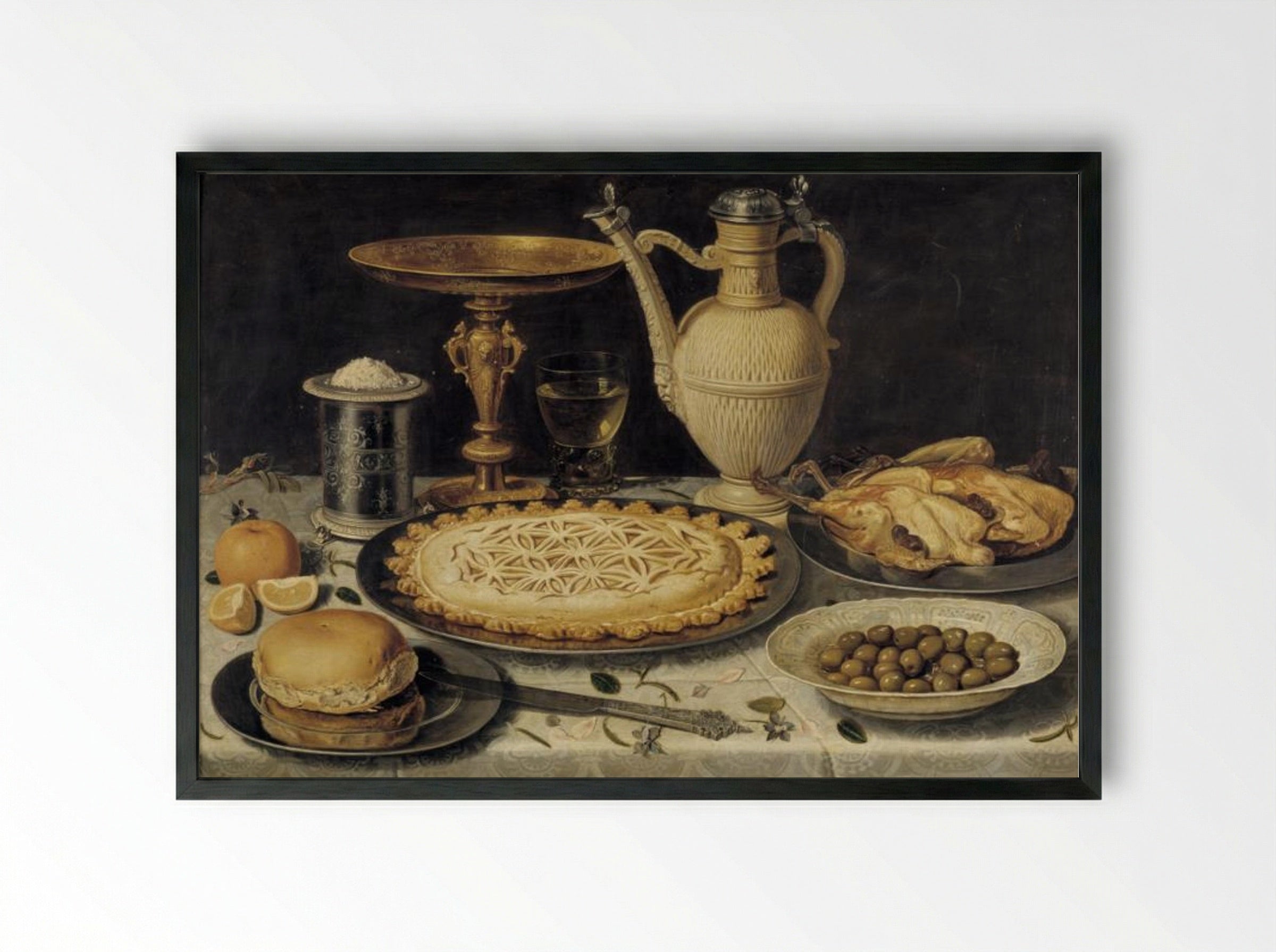Table with Orange, Olives and Pie - Clara Peeters - Framed Print Black