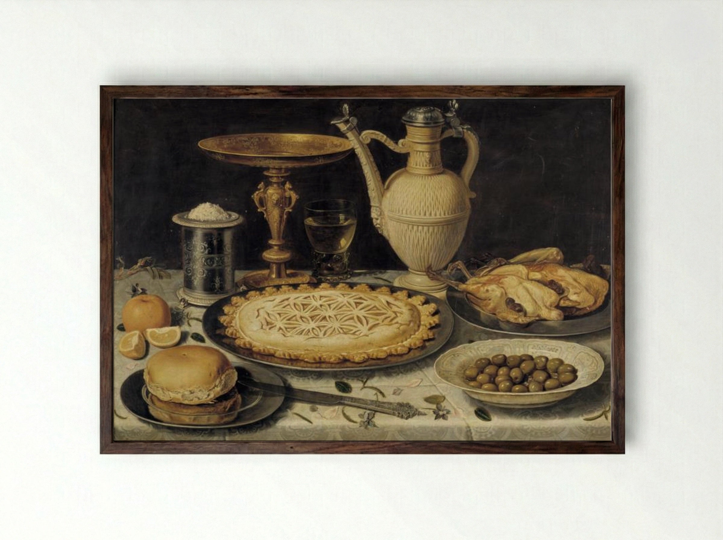 Table with Orange, Olives and Pie - Clara Peeters - Framed Print Dark Wood