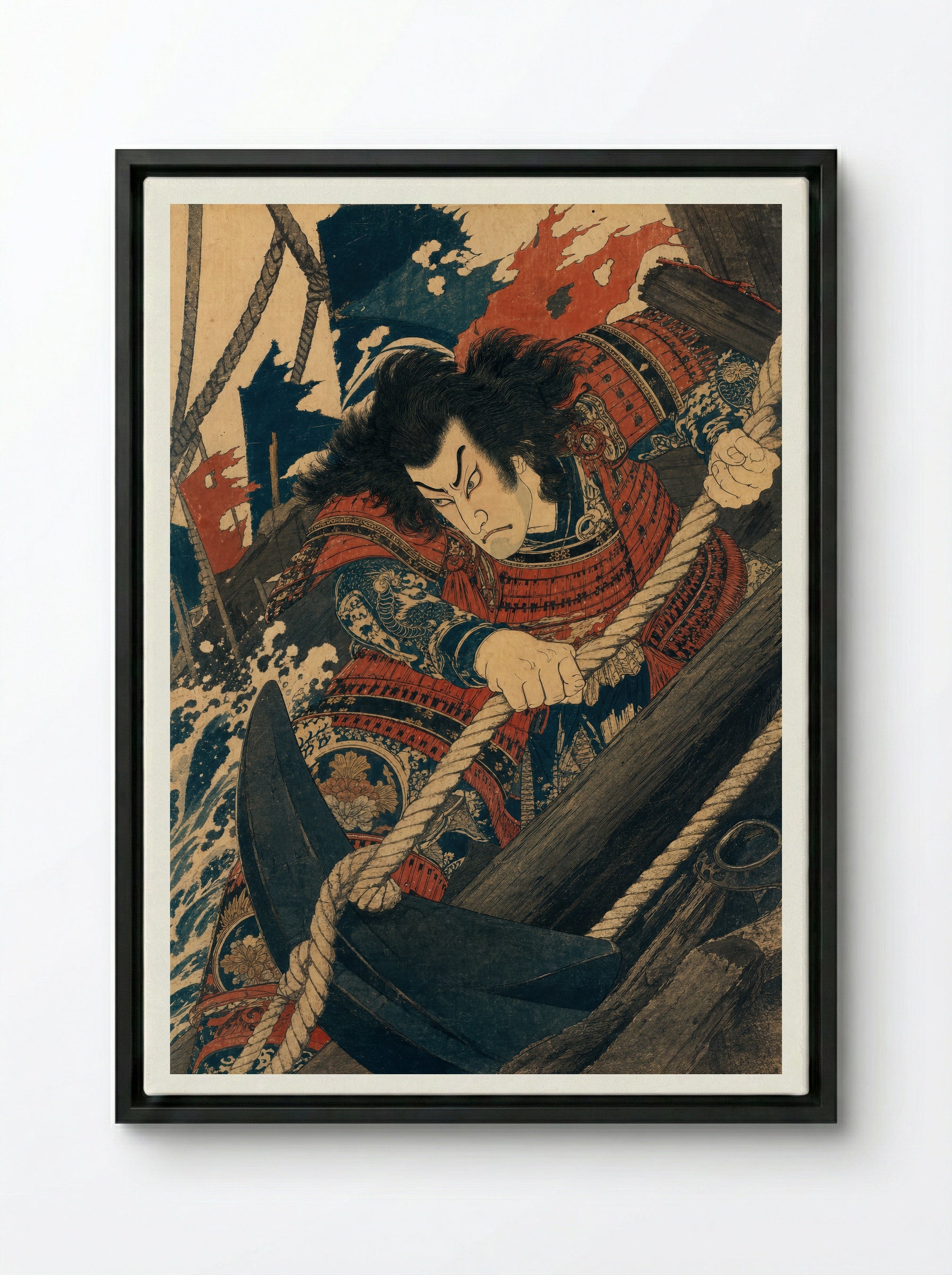 Taira no Tomomori at Dan-no-ura: Binding the Anchor - Framed Canvas Black