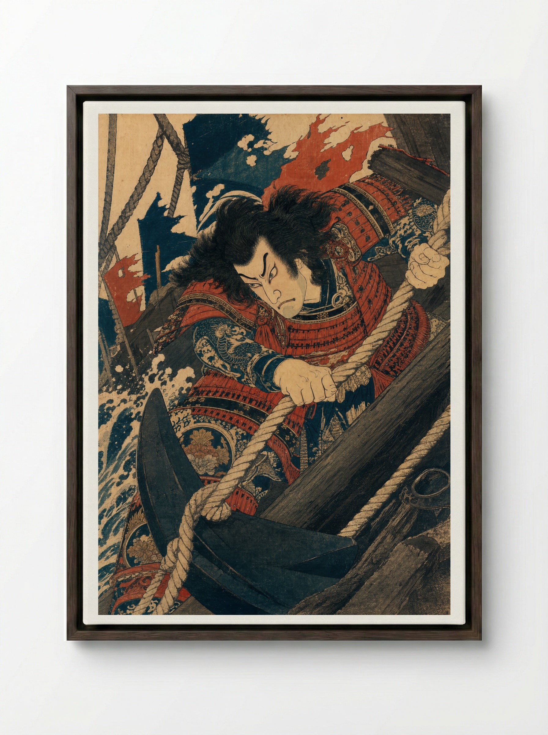 Taira no Tomomori at Dan-no-ura: Binding the Anchor - Framed Canvas Dark Wood